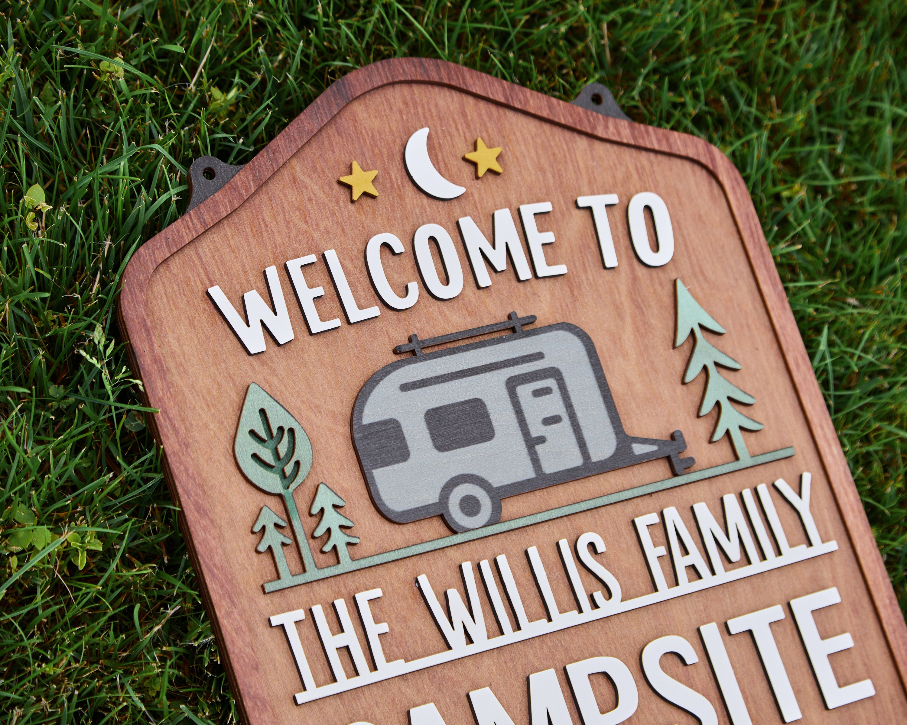 Personalized Welcome To Our Campsite Sign - Camping Flag | Custom Family Name Camper Decoration (Travel Trailer 2)