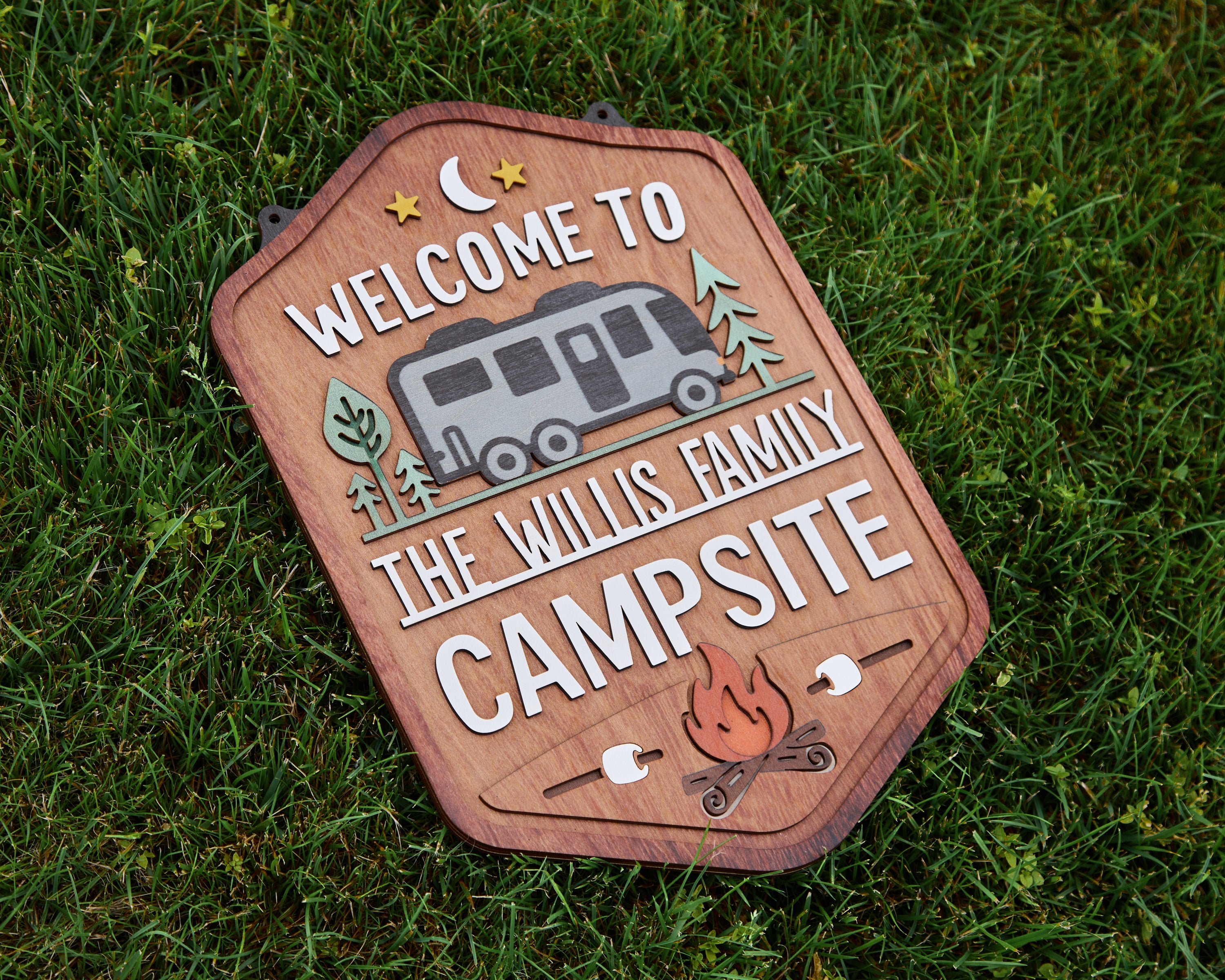 Personalized Welcome To Our Campsite Sign - Camping Flag | Custom Family Name Camper Decoration (RV)