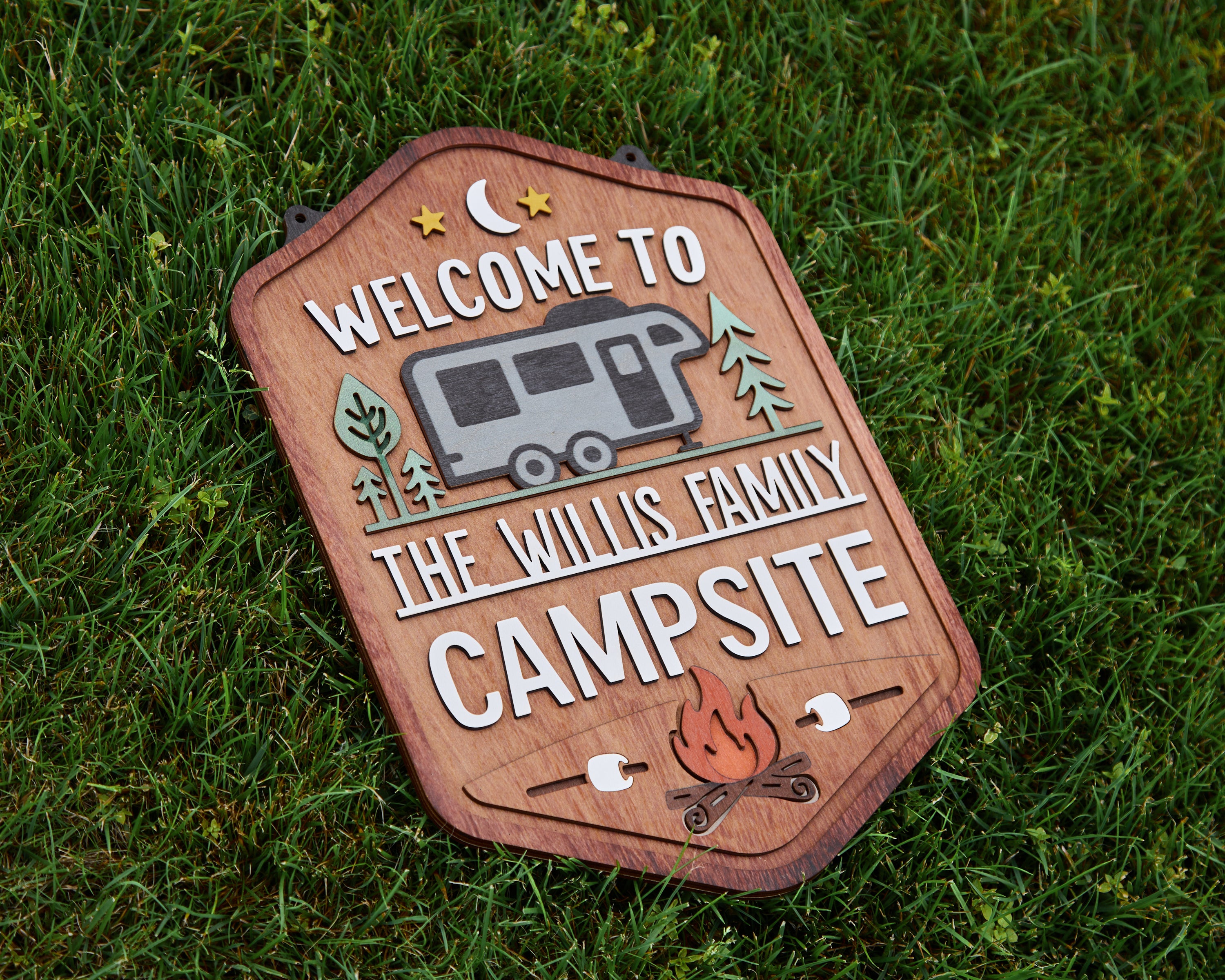 Personalized Welcome To Our Campsite Sign - Camping Flag | Custom Family Name Camper Decoration (Travel Trailer 3)