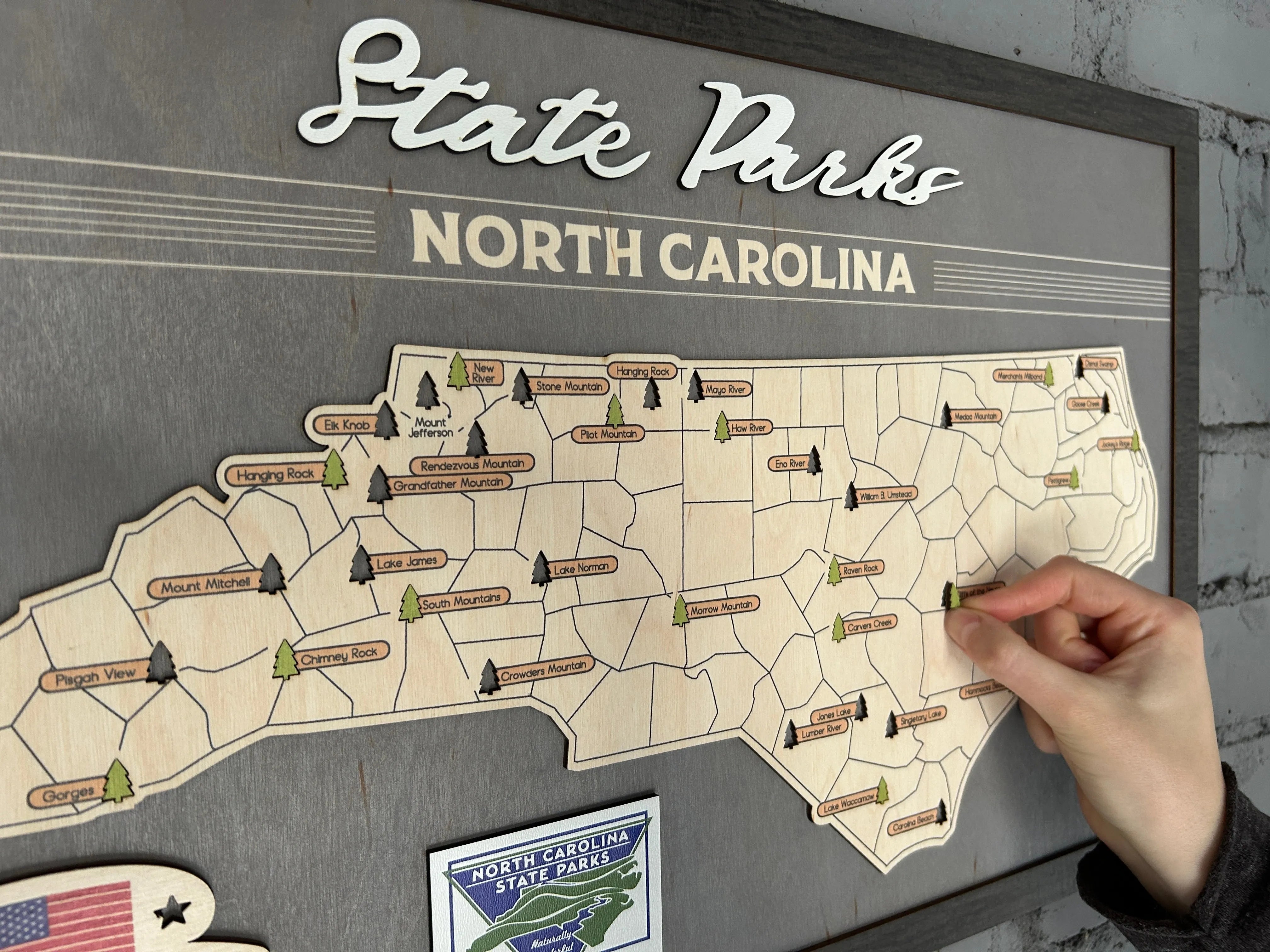 US Wooden North Carolina State Parks Map With Trees To Record Park Visits (Light Grey)