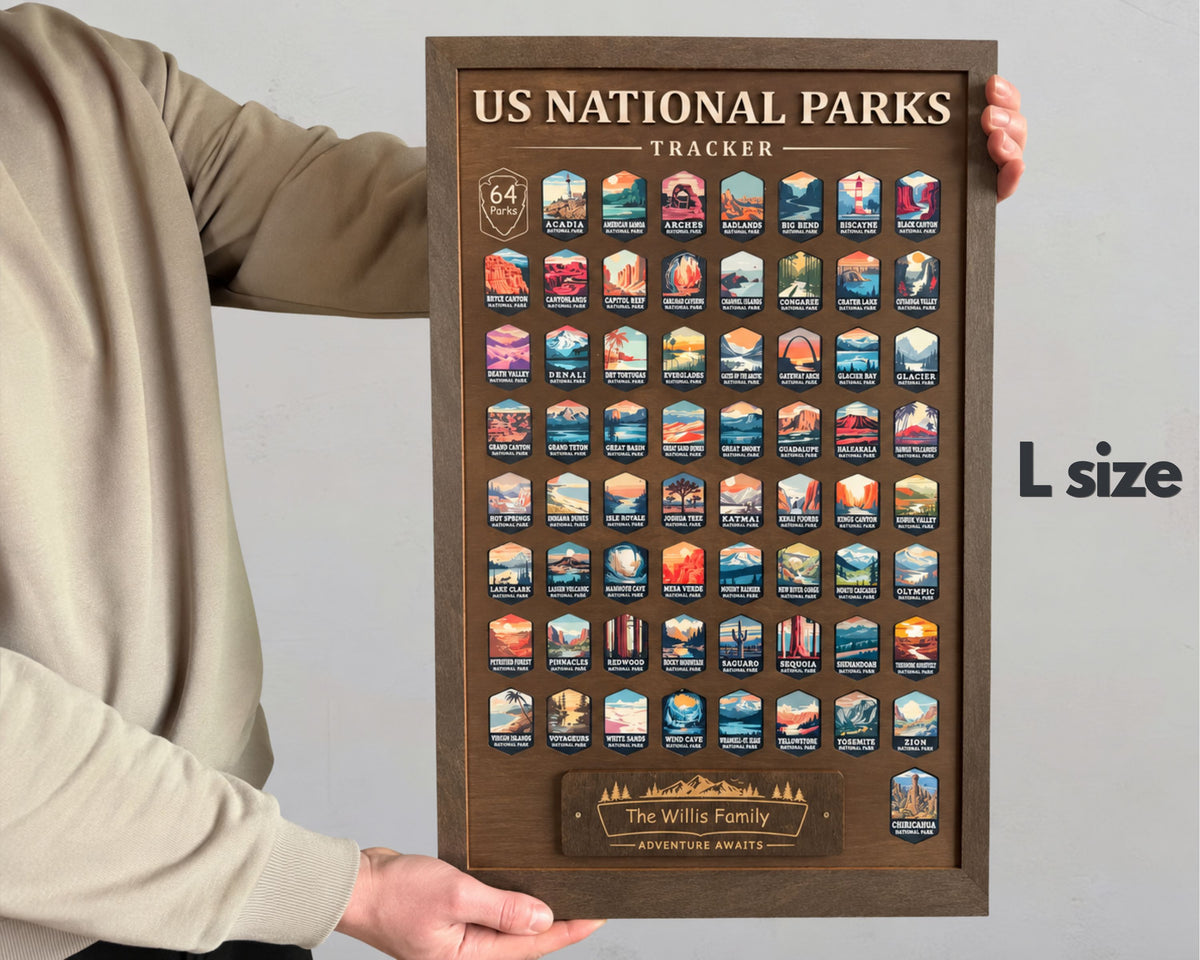 USA National Parks Tracker - A Handcrafted Wooden Travel Board to Track All 64 National Parks