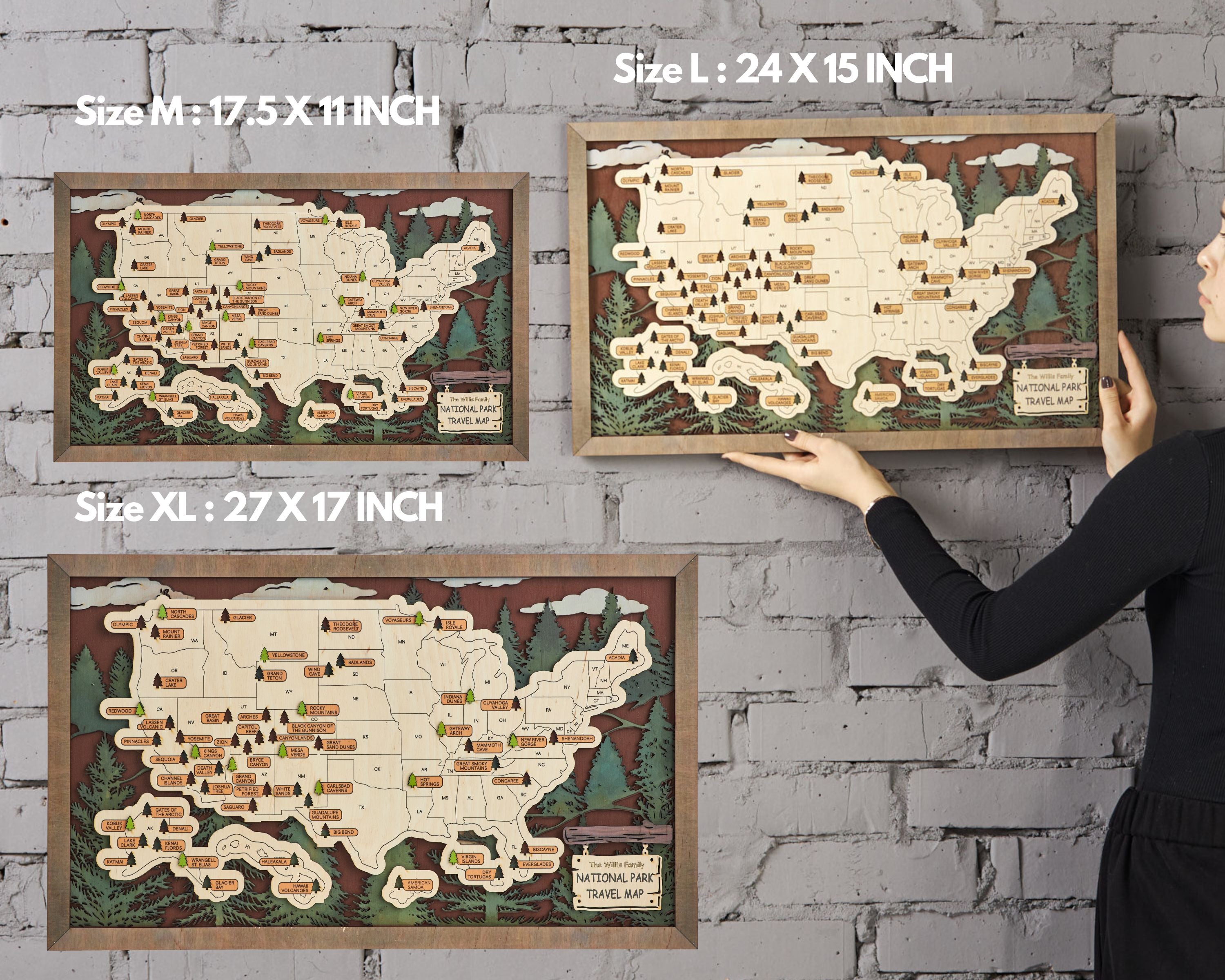 US 3D Wooden National Parks Travel Map With Trees To Record Park Visits (1 Design)