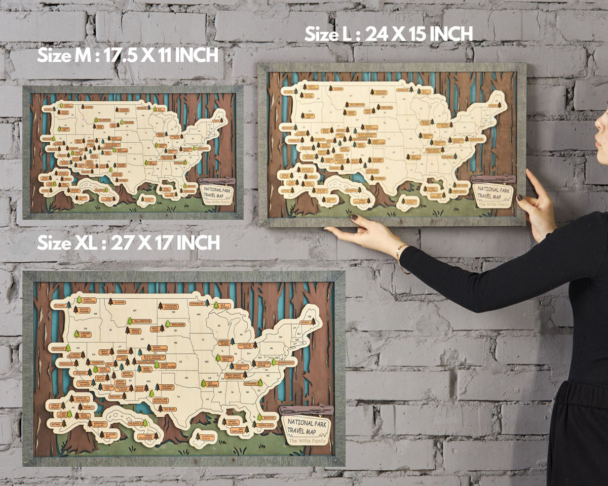 US 3D Wooden National Parks Travel Map With Trees To Record Park Visits (2 Design)
