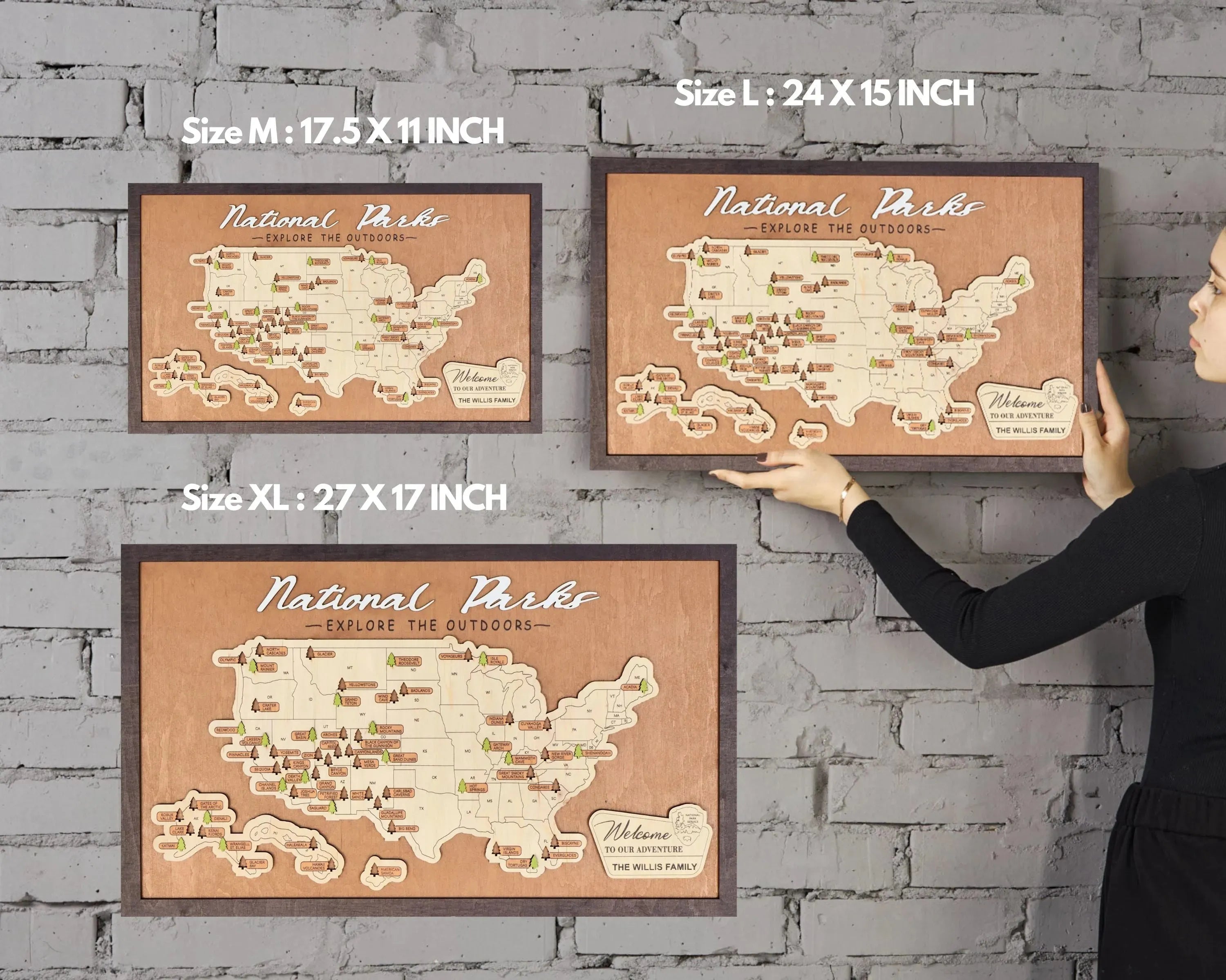 US Wooden National Parks Travel Map With Trees To Record Park Visits (Palisander)