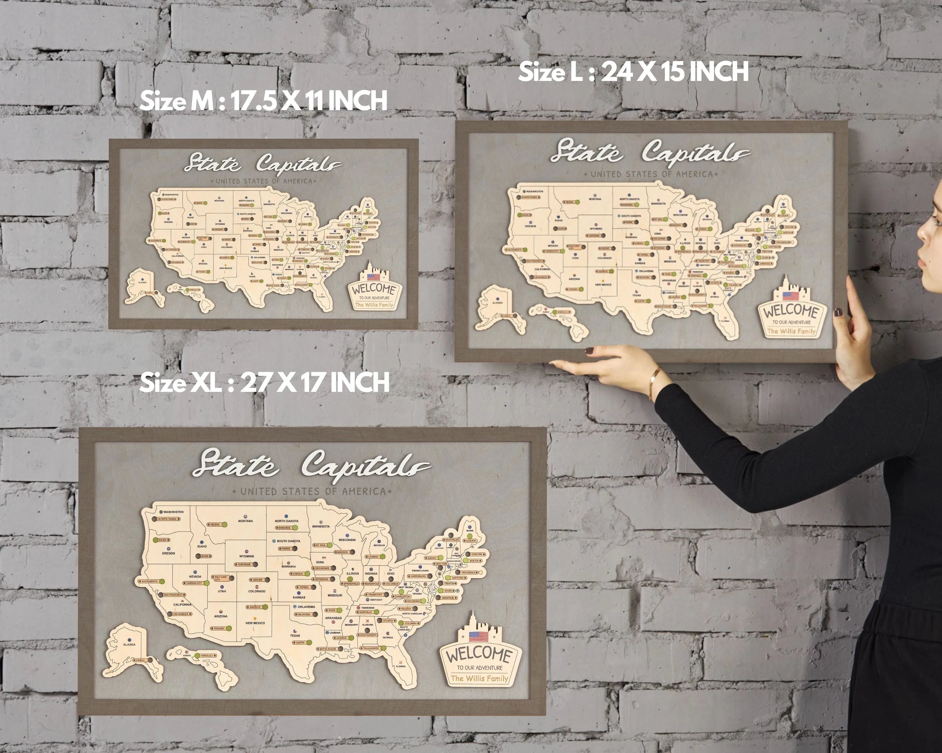 US Wooden State Capitals Travel Map To Record Visits (Light Grey)
