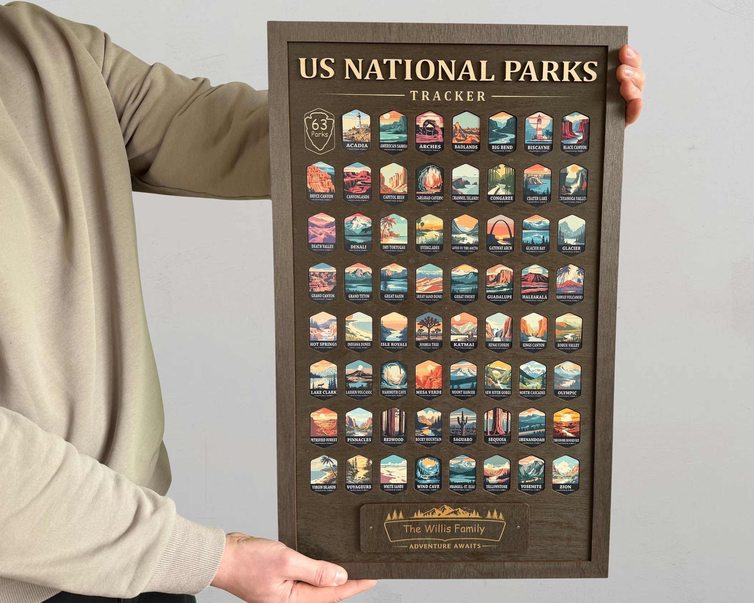 US National Parks Adventure Tracker - A handcrafted wooden board to track all 63 National Parks
