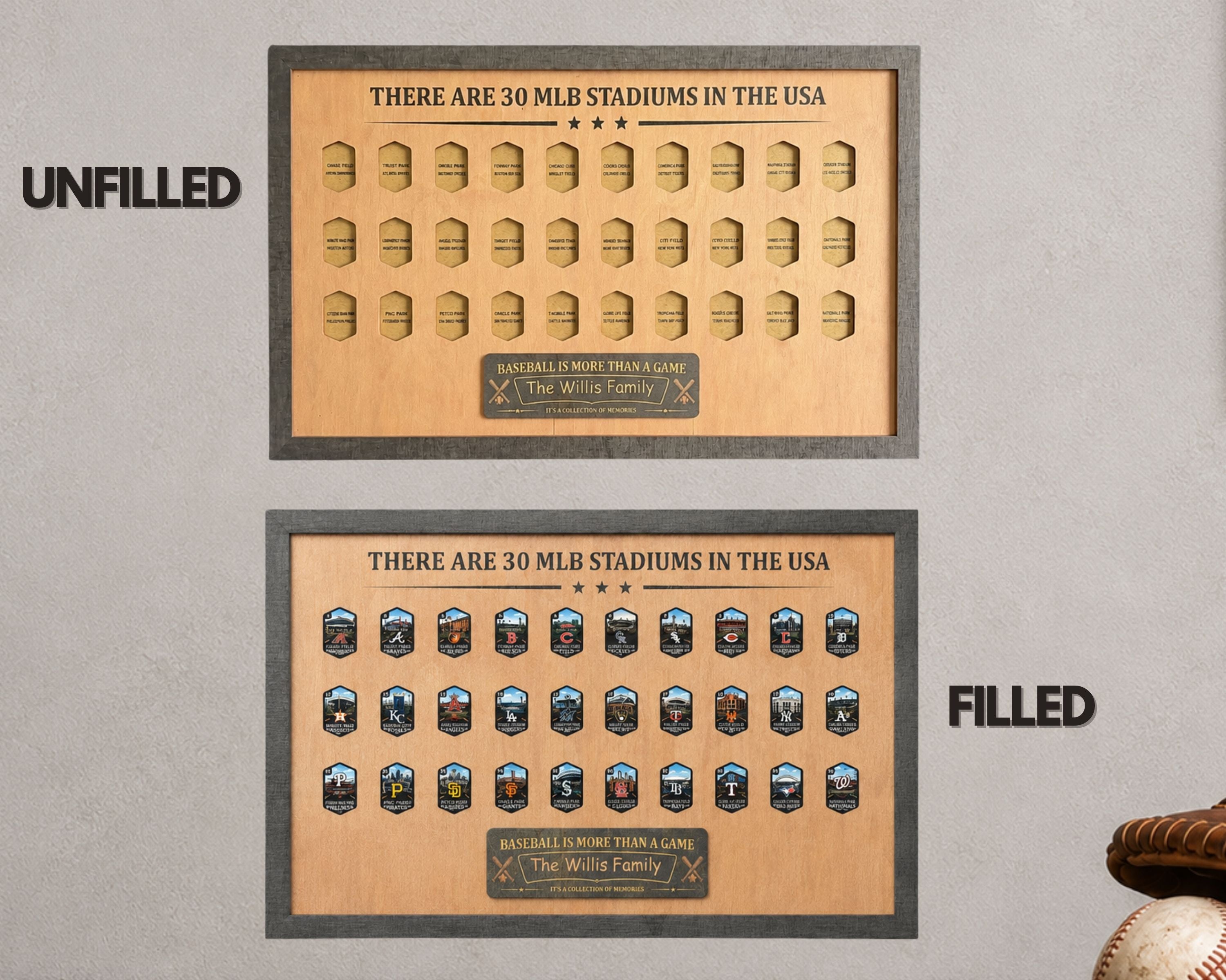 USA Baseball Stadium Tracker – Handcrafted Wooden Board to Track All MLB Ballparks