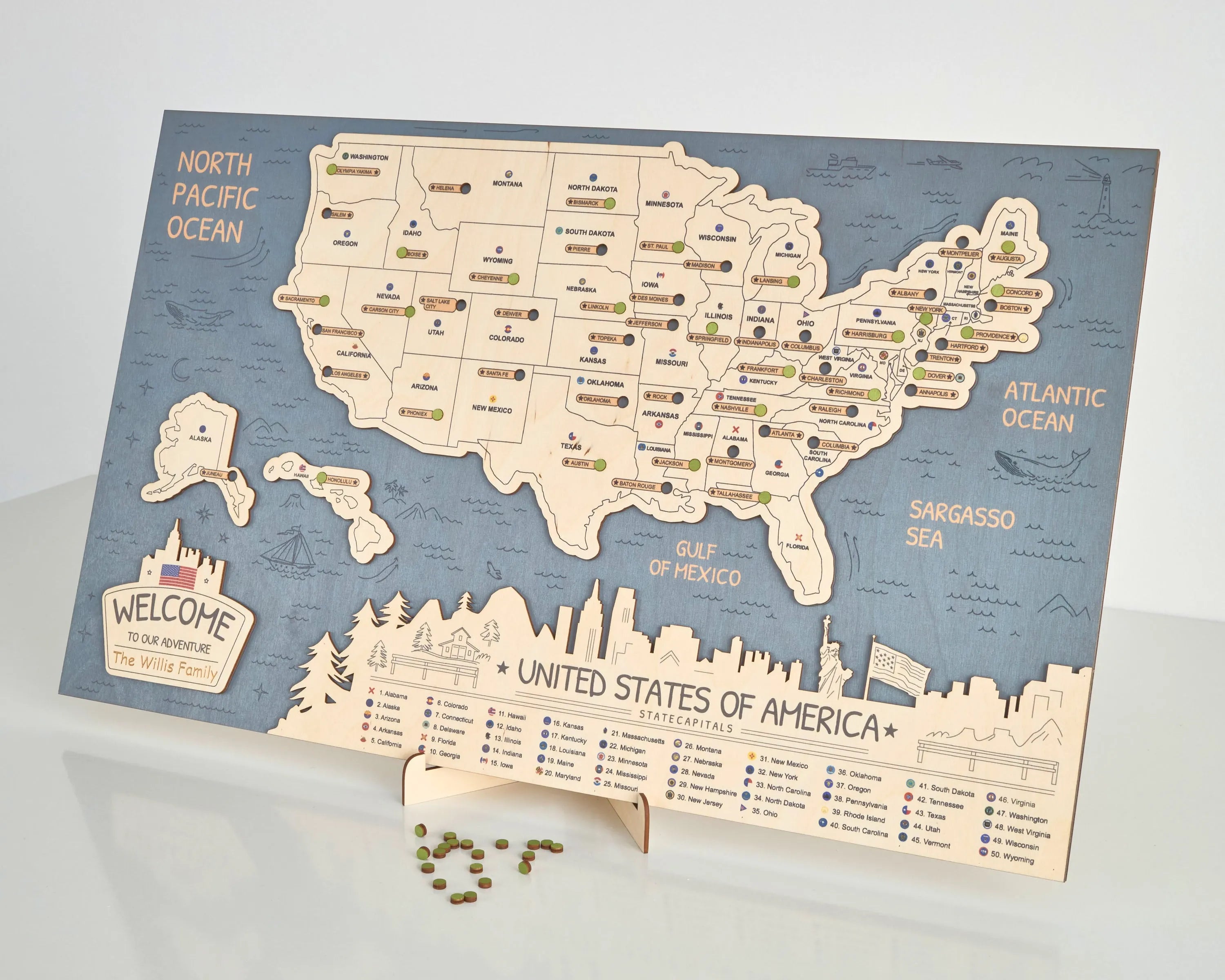 US 3D State Capitals Wooden Travel Map To Record Visits (New Blue)