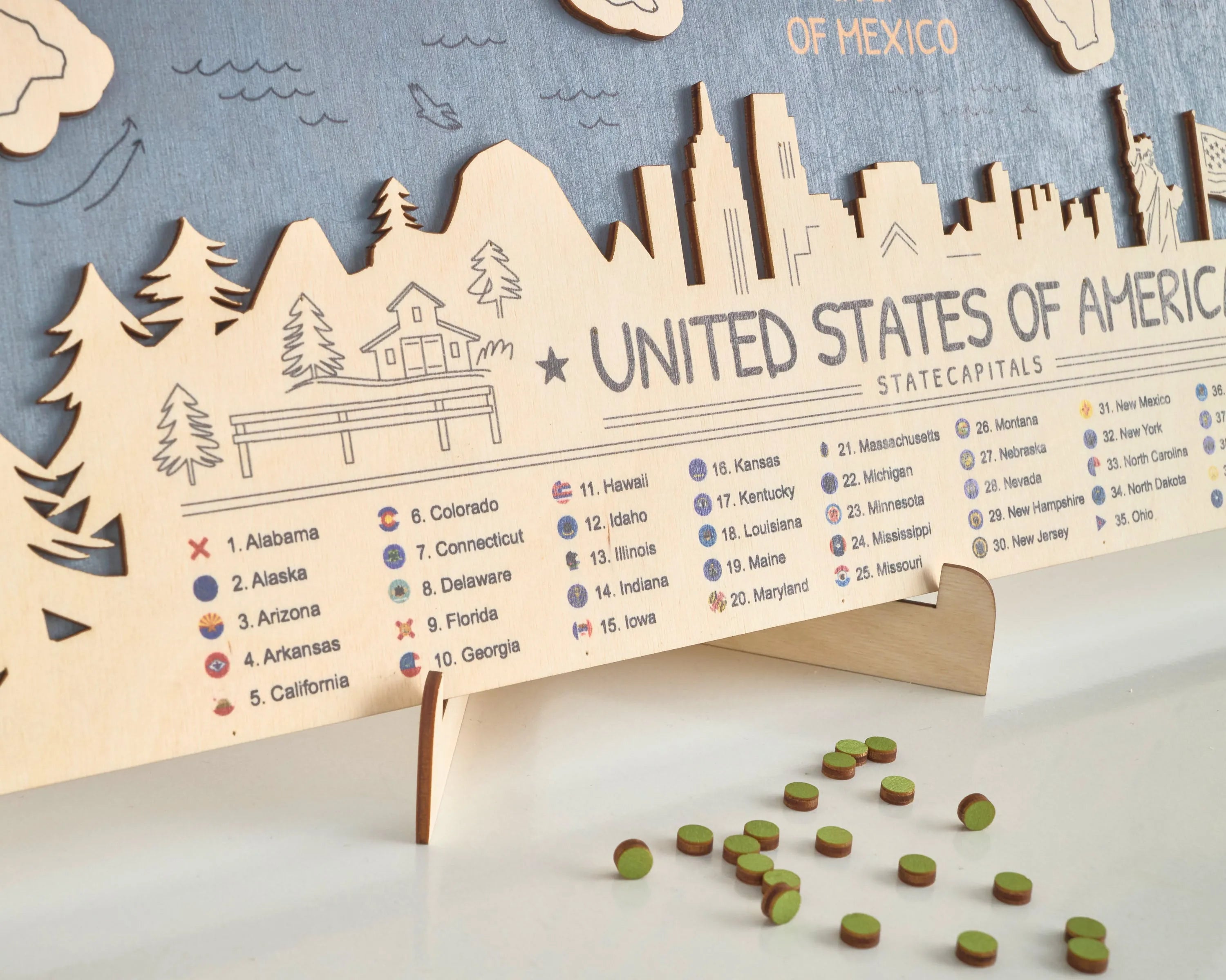 US 3D State Capitals Wooden Travel Map To Record Visits (New Blue)