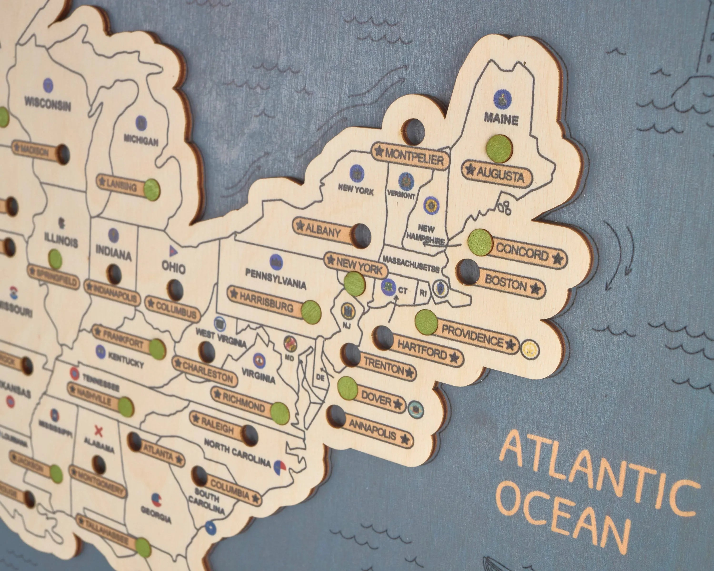 US 3D State Capitals Wooden Travel Map To Record Visits (New Blue)