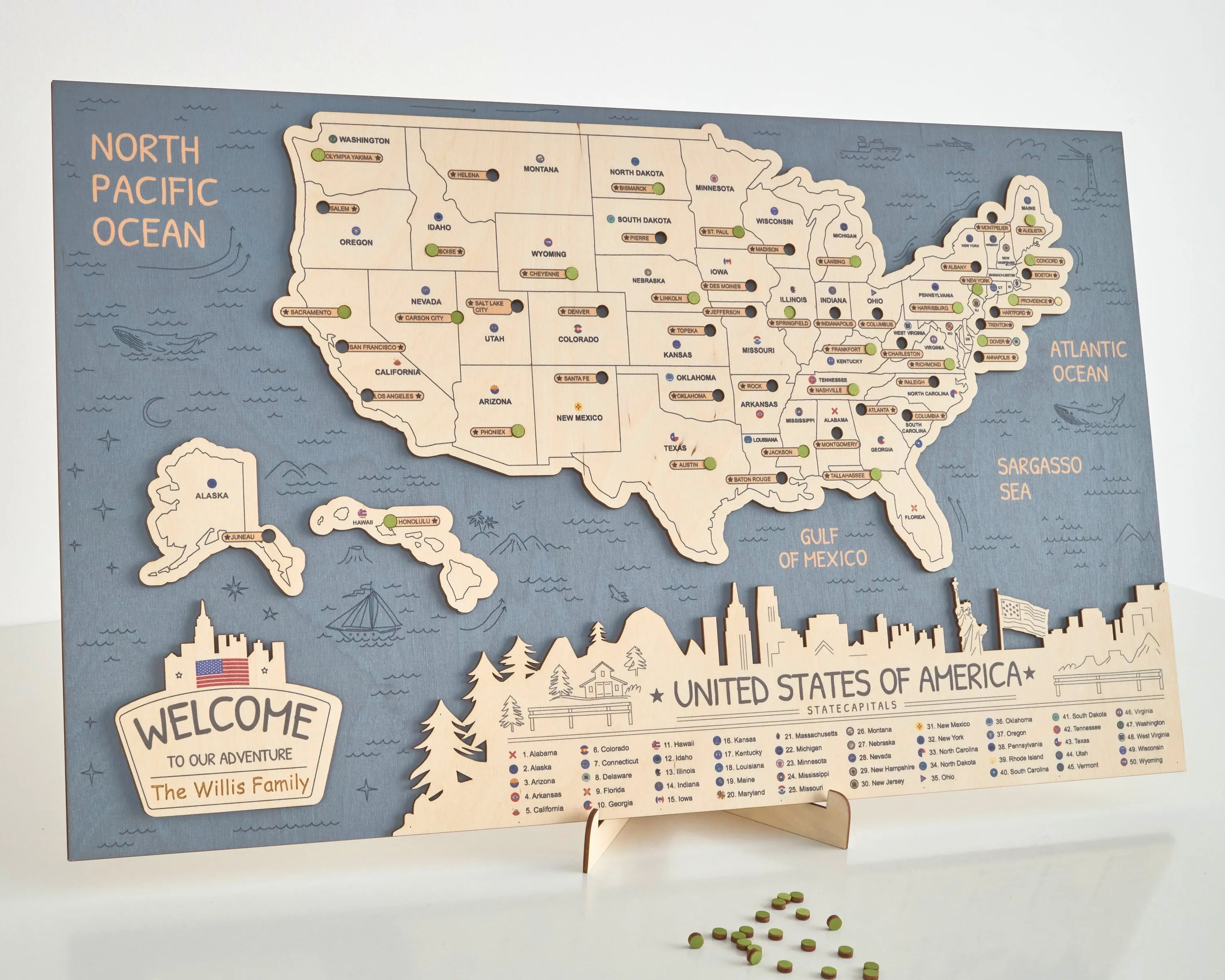 US 3D State Capitals Wooden Travel Map To Record Visits (New Blue)