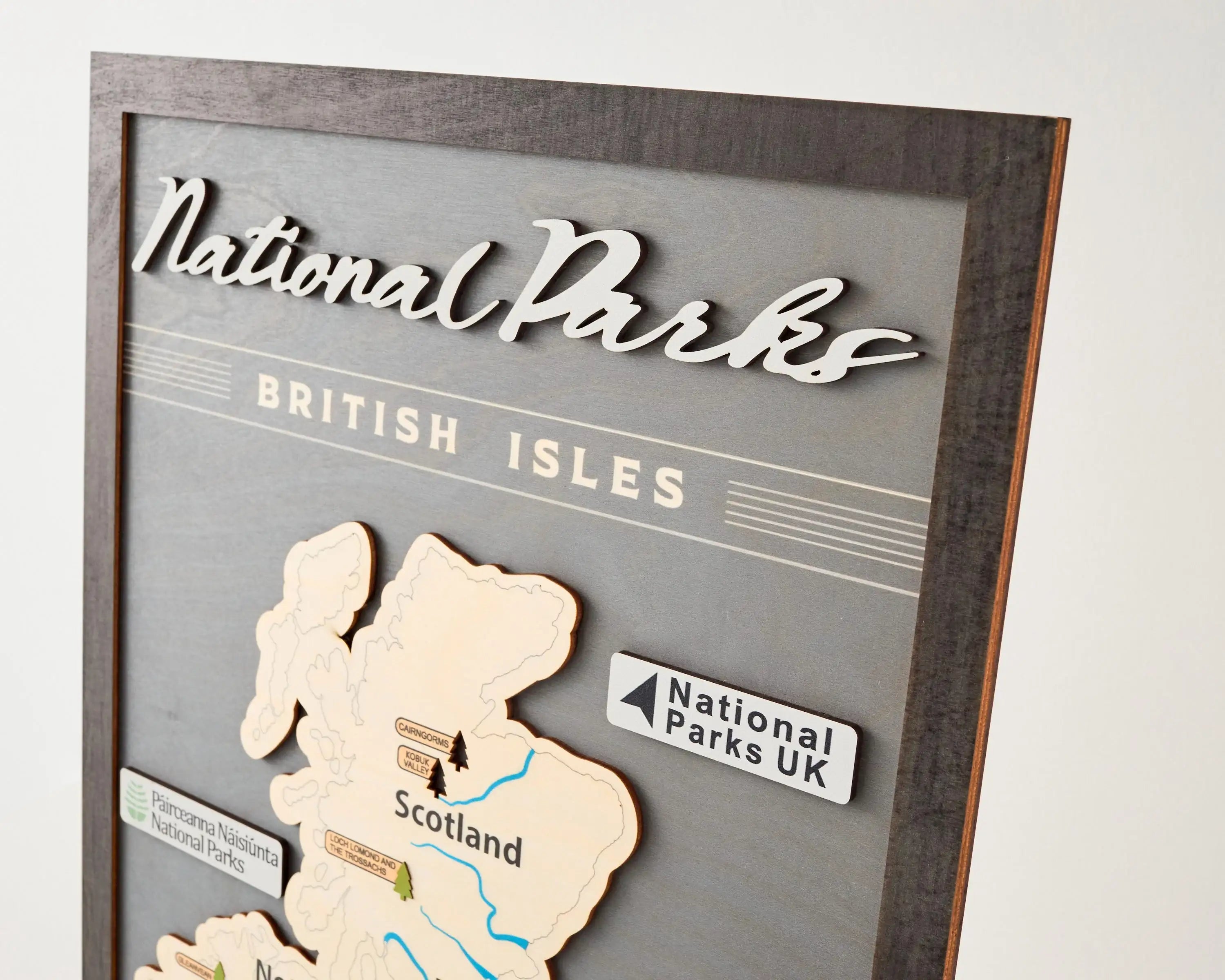 British Isles Wooden National Parks Travel Map With Trees To Record Park Visits (Light Grey)