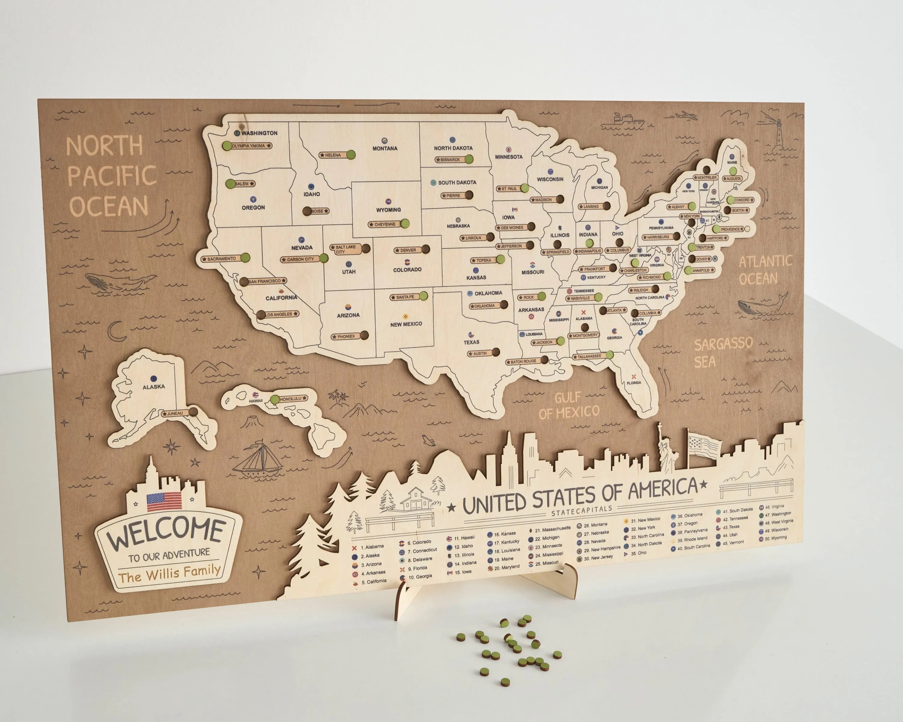 US 3D State Capitals Wooden Travel Map To Record Visits (New Brown)