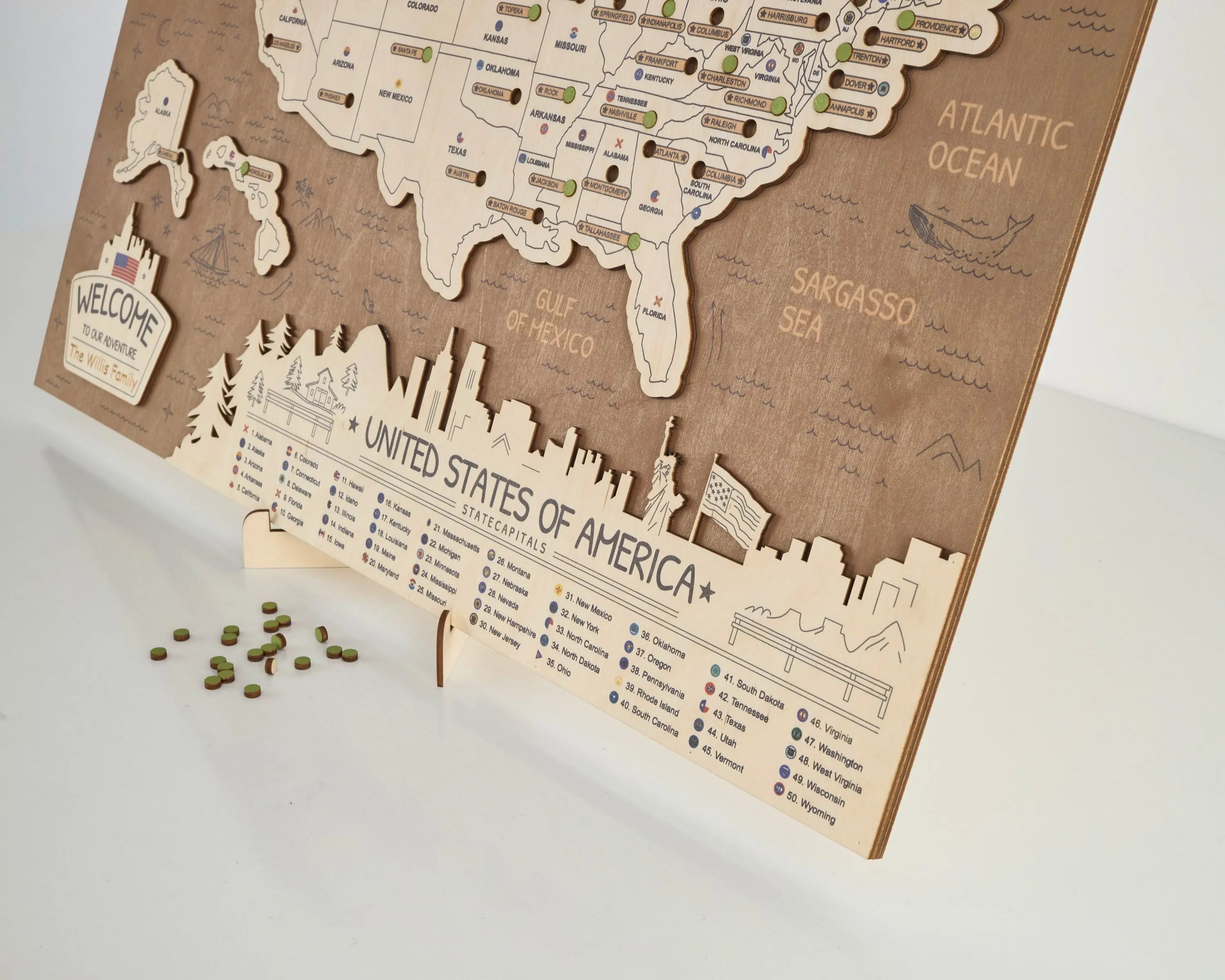 US 3D State Capitals Wooden Travel Map To Record Visits (New Brown)