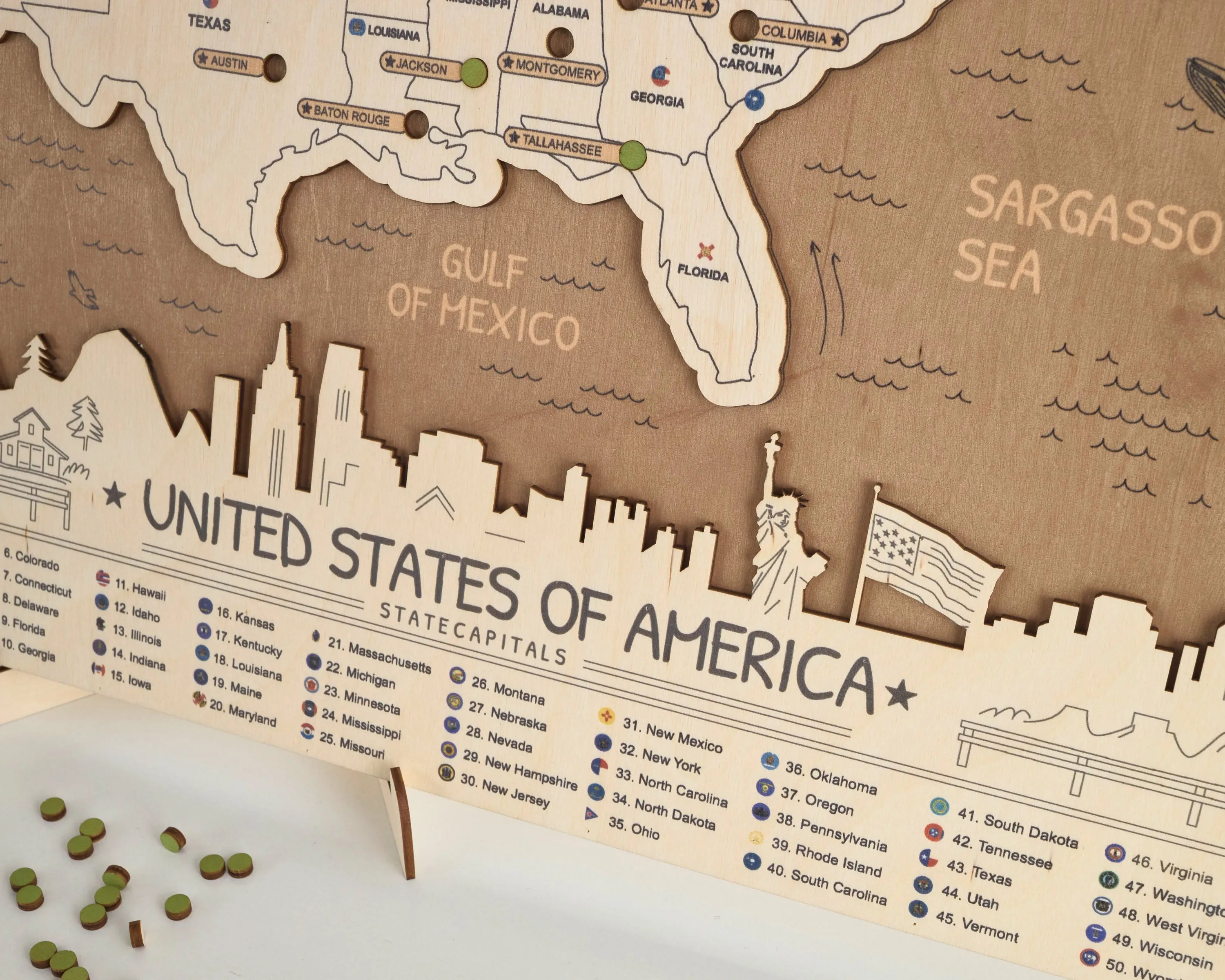 US 3D State Capitals Wooden Travel Map To Record Visits (New Brown)