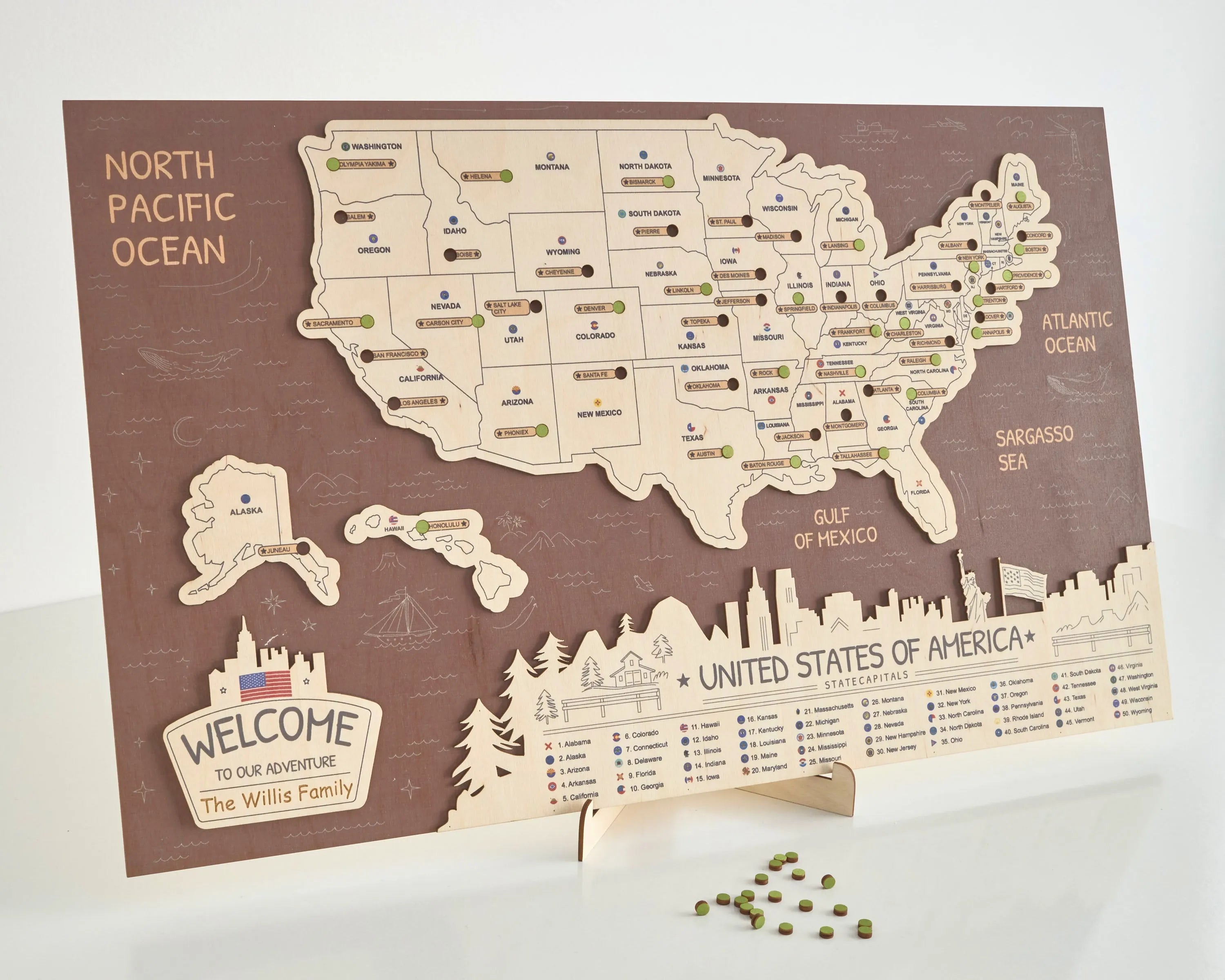 US 3D State Capitals Wooden Travel Map To Record Visits (New Coffee)