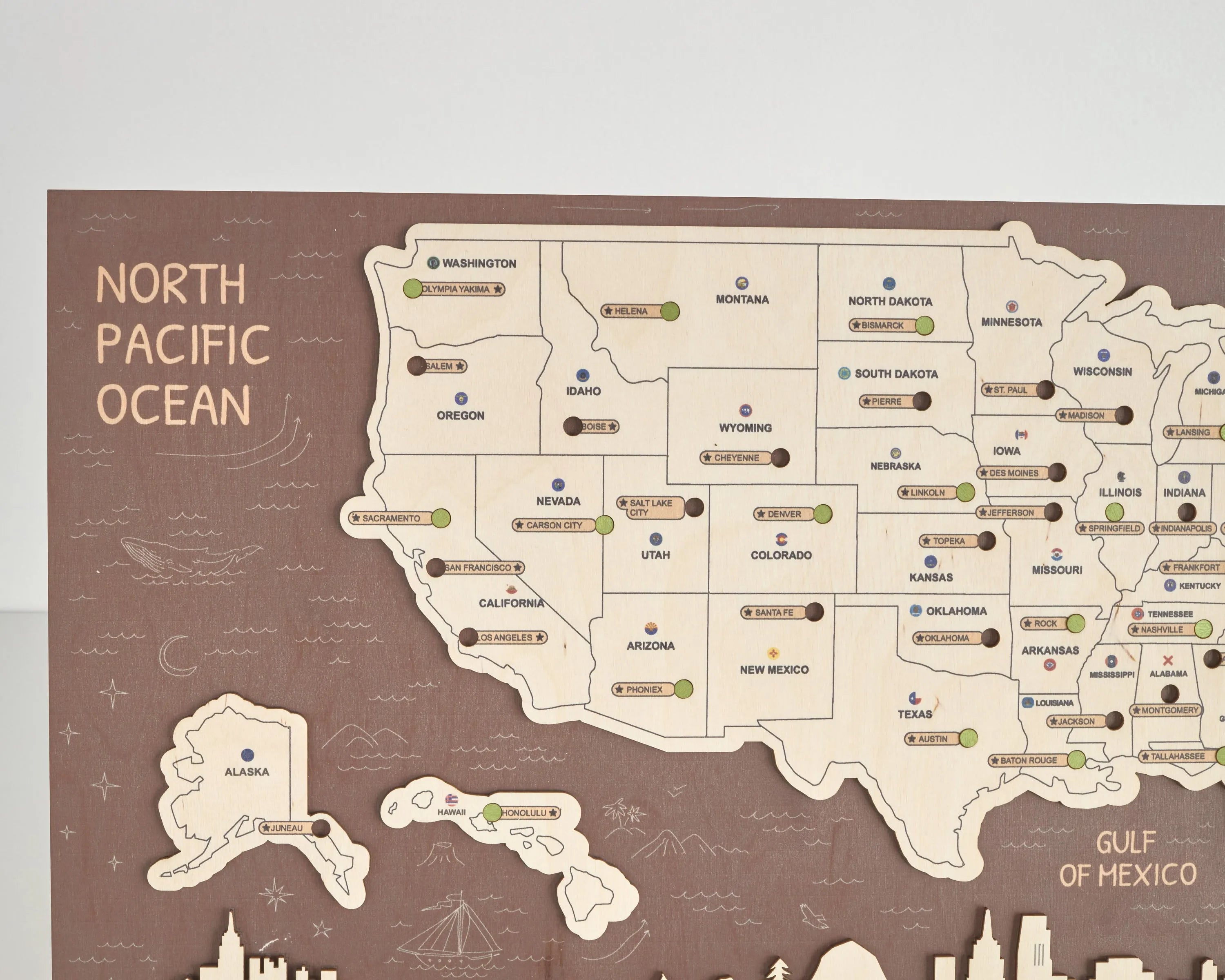 US 3D State Capitals Wooden Travel Map To Record Visits (New Coffee)