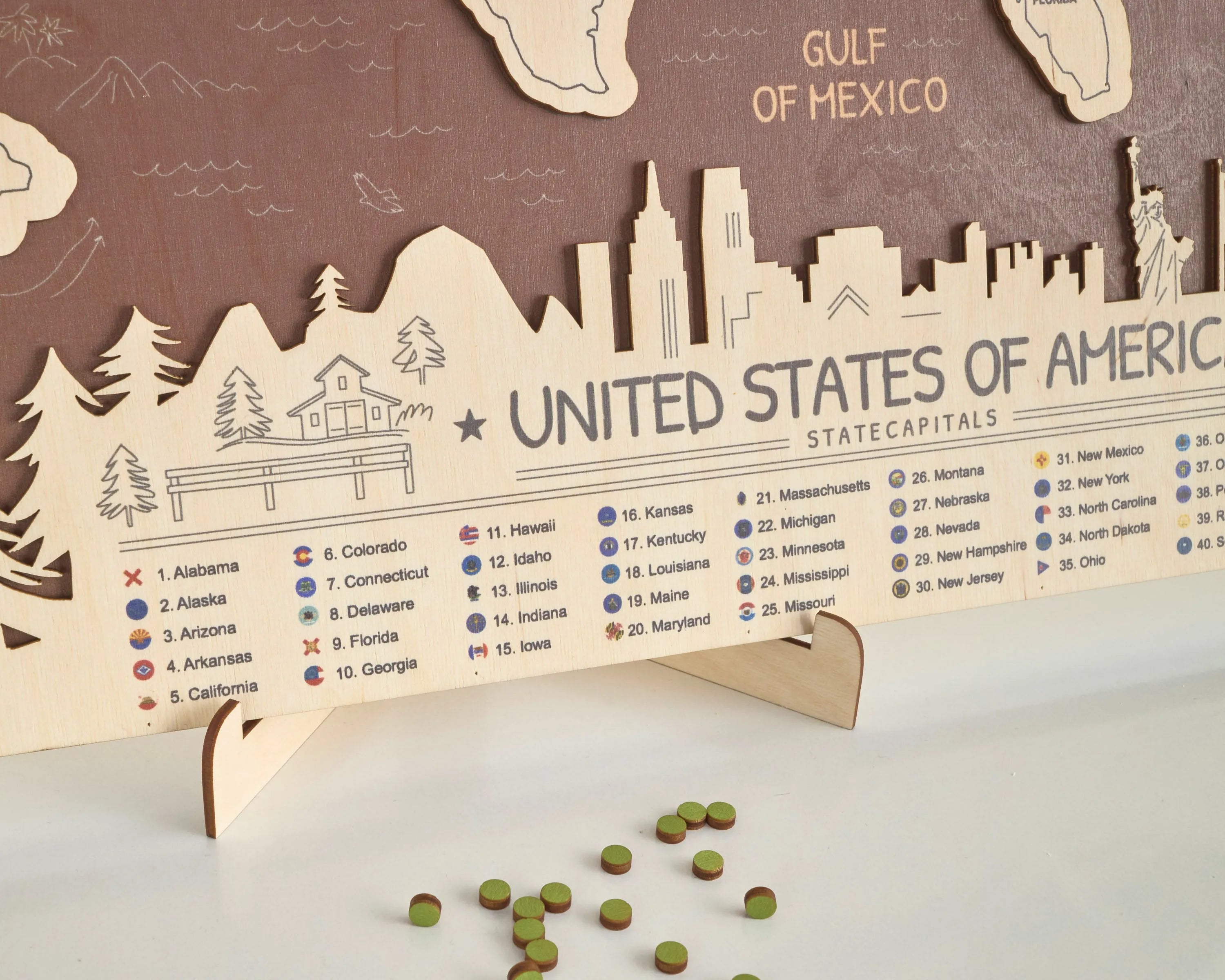 US 3D State Capitals Wooden Travel Map To Record Visits (New Coffee)