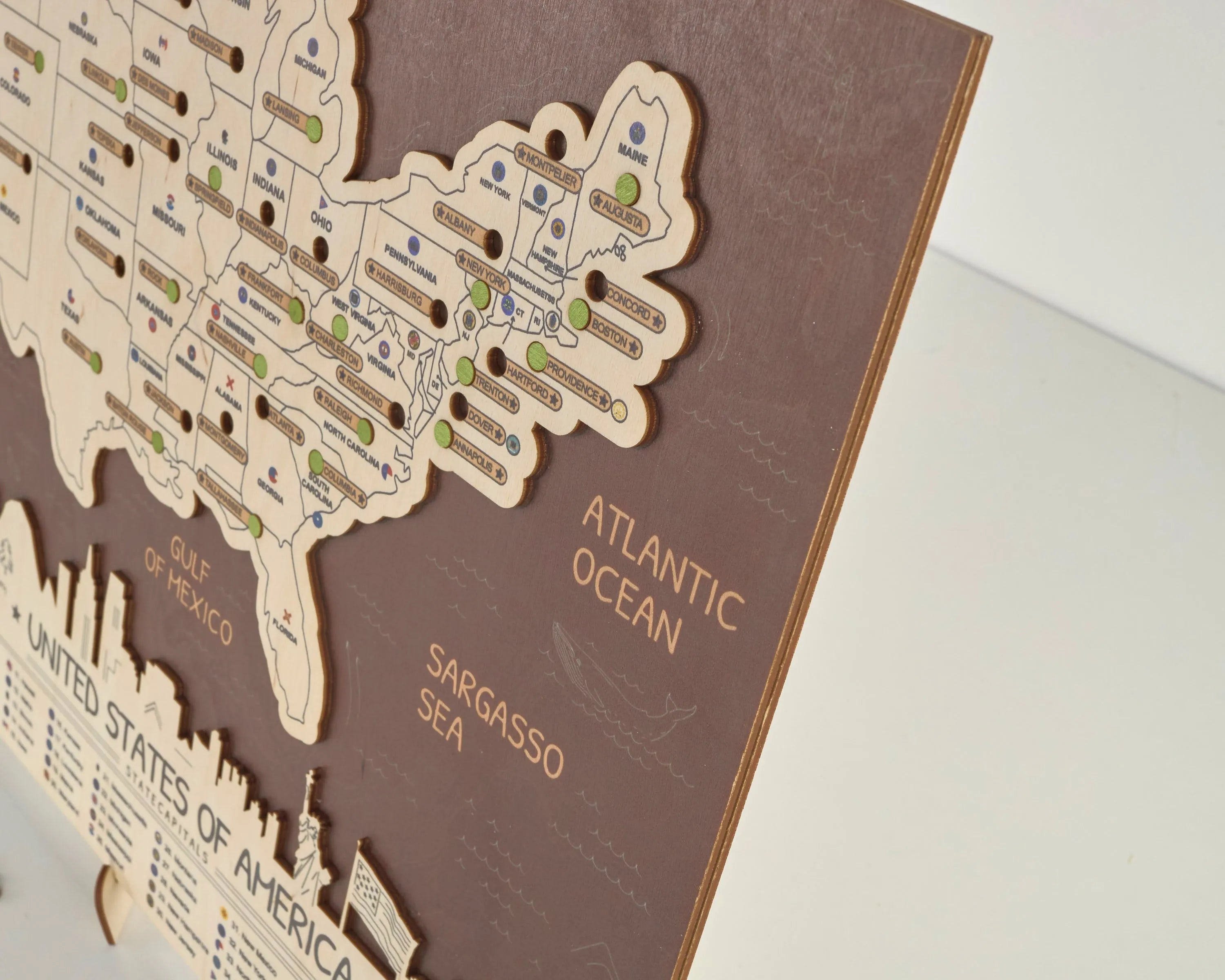 US 3D State Capitals Wooden Travel Map To Record Visits (New Coffee)