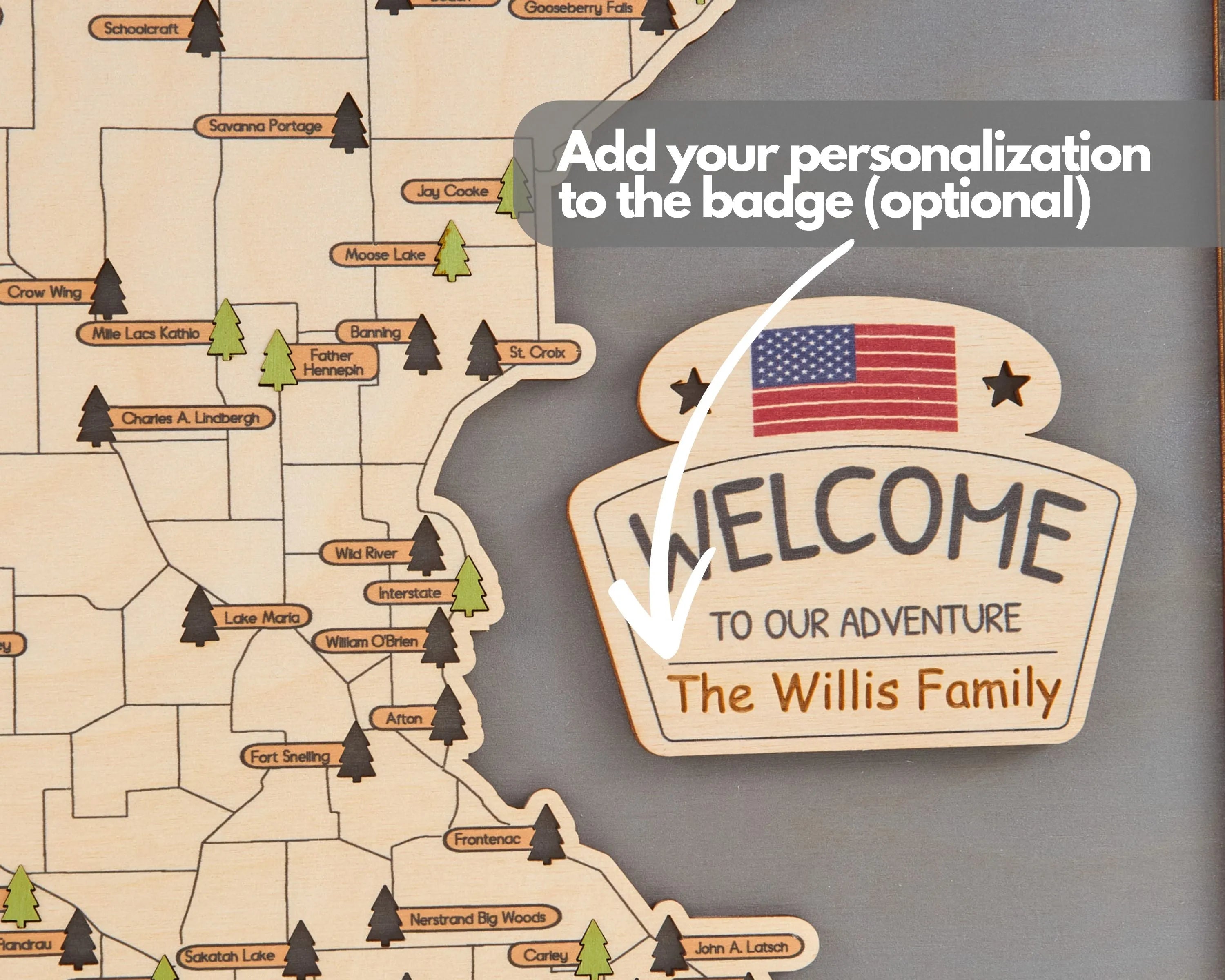 US Wooden Minnesota State Parks Map With Trees To Record Park Visits (Light Grey)