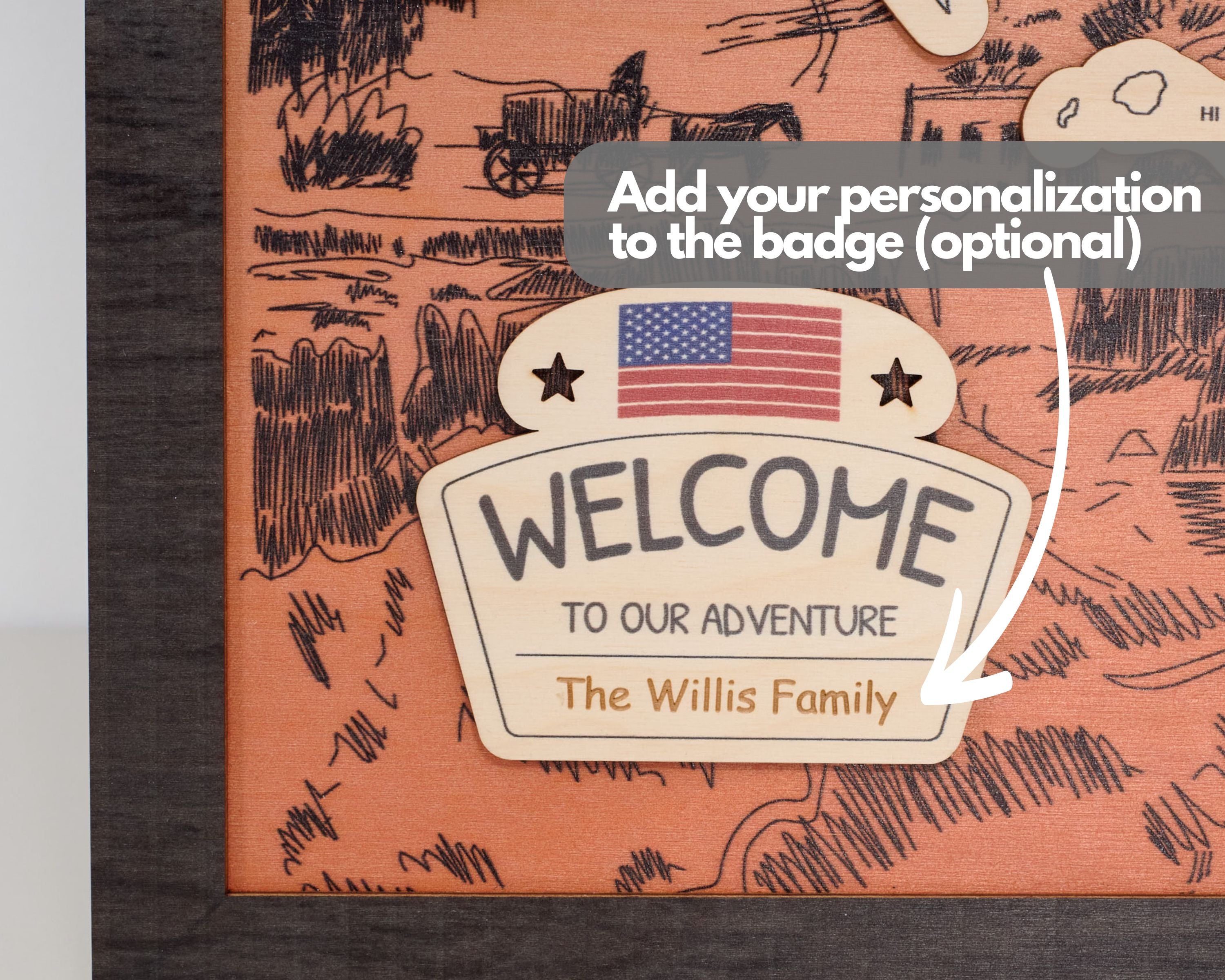 US Wooden National Monuments & Memorials Travel Map With Pins To Record Visits (Orange Design)