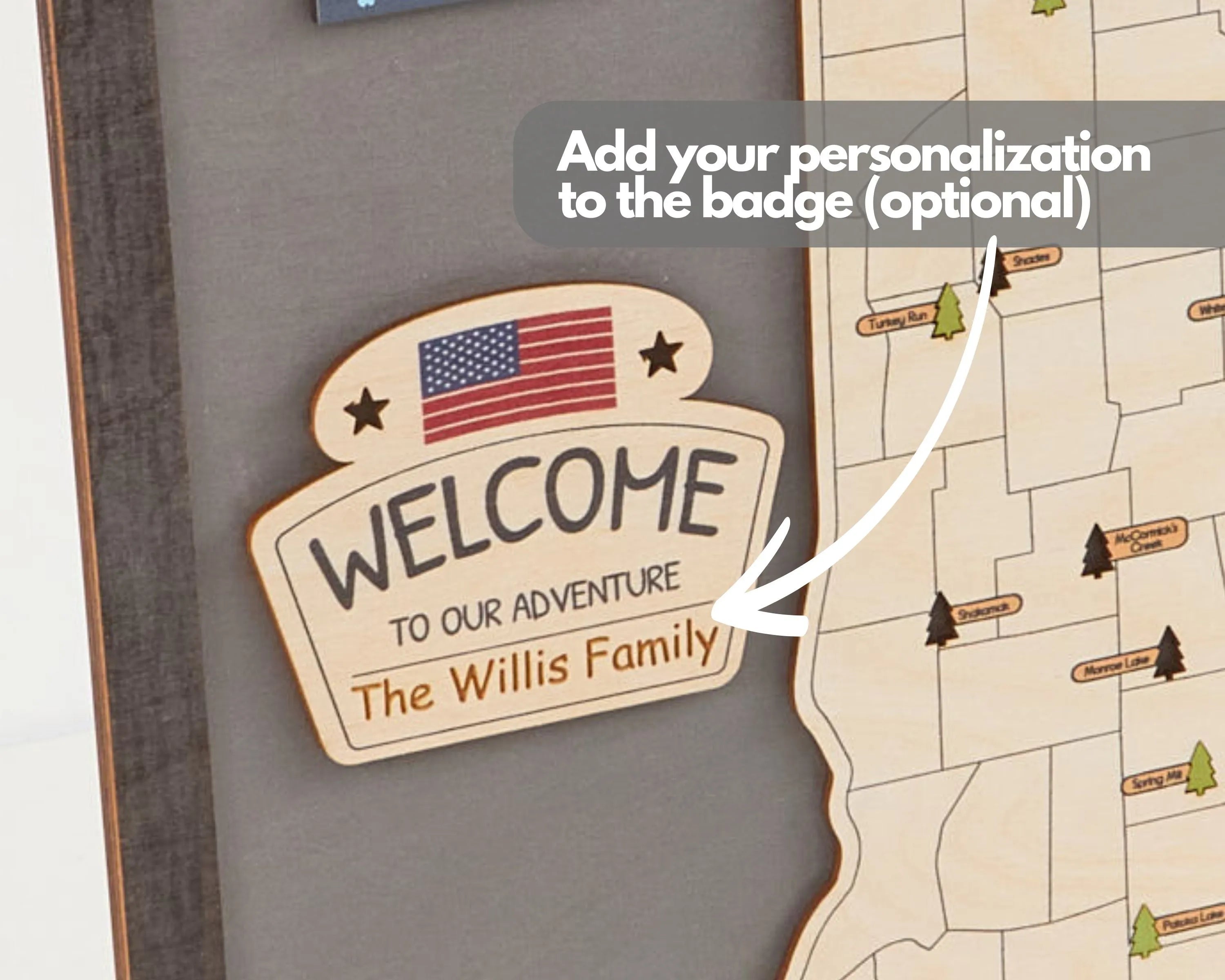 US Wooden Indiana State Parks Map With Trees To Record Park Visits (Light Grey)