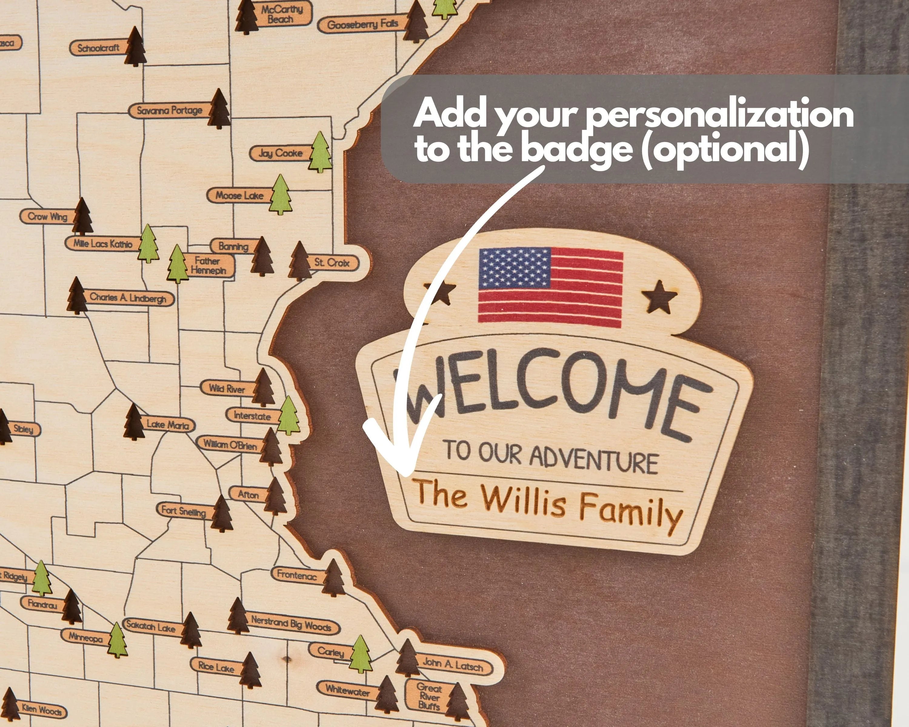 US Wooden Minnesota State Parks Map With Trees To Record Park Visits (Coffee)