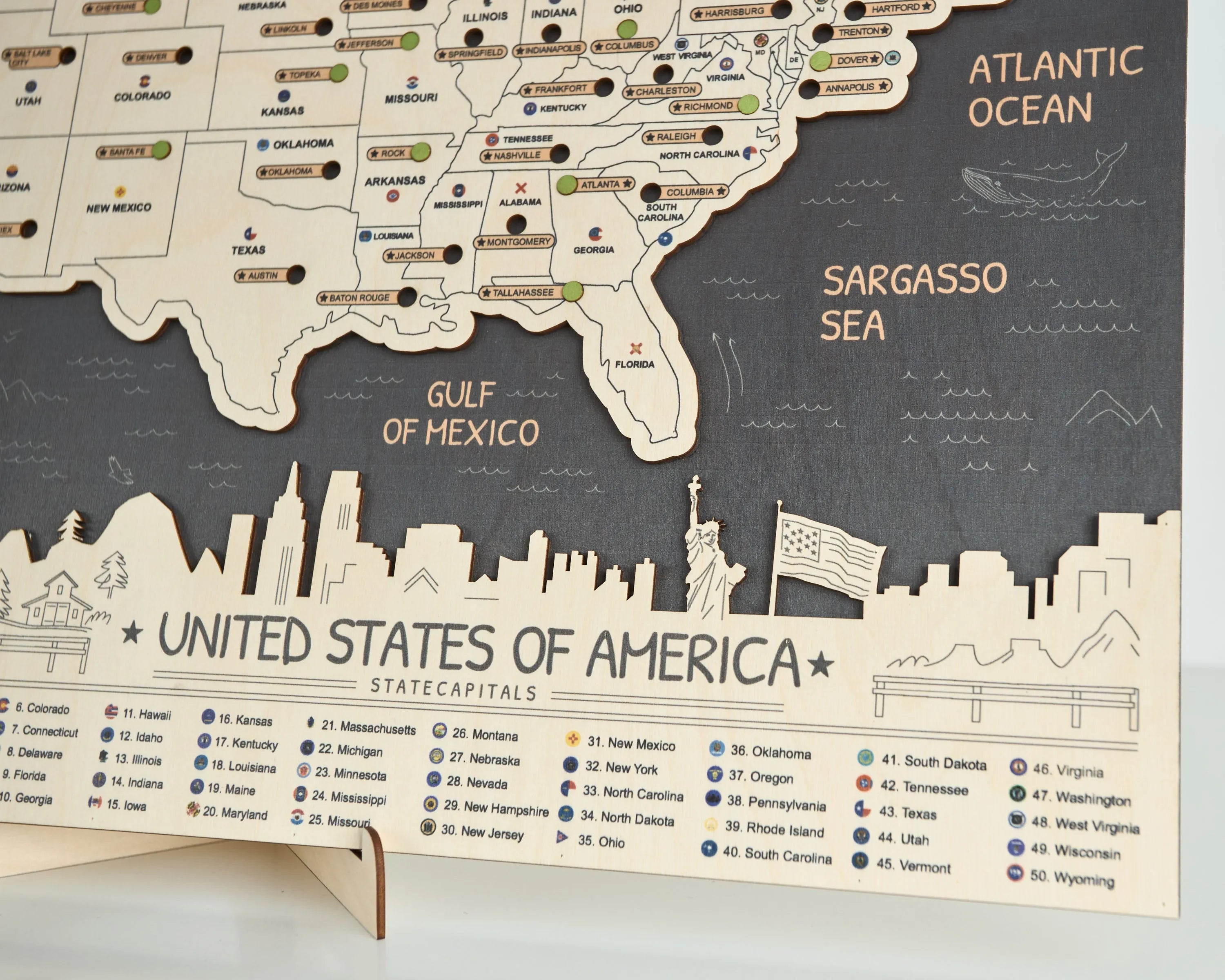 US 3D State Capitals Wooden Travel Map To Record Visits (New Dark)