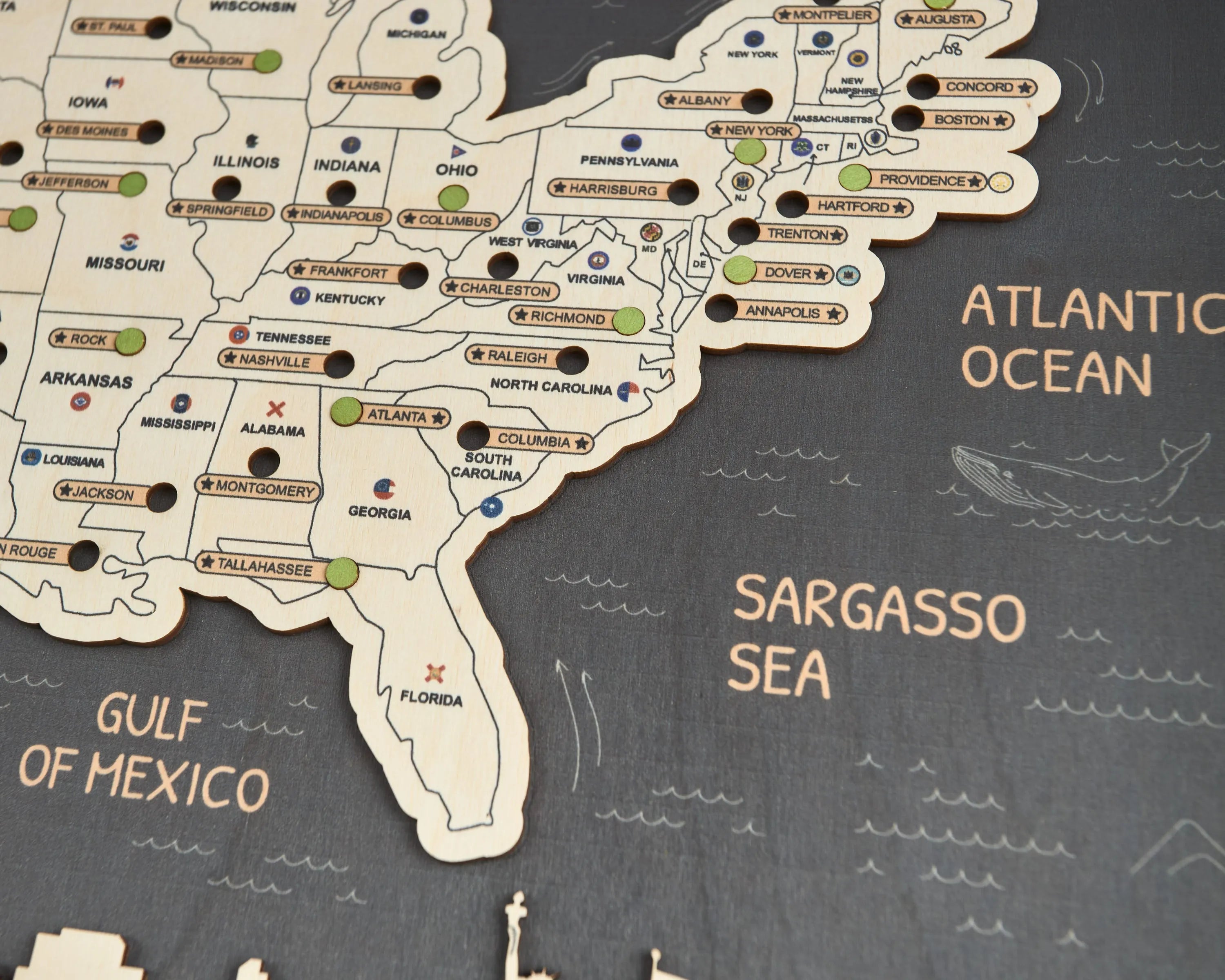 US 3D State Capitals Wooden Travel Map To Record Visits (New Dark