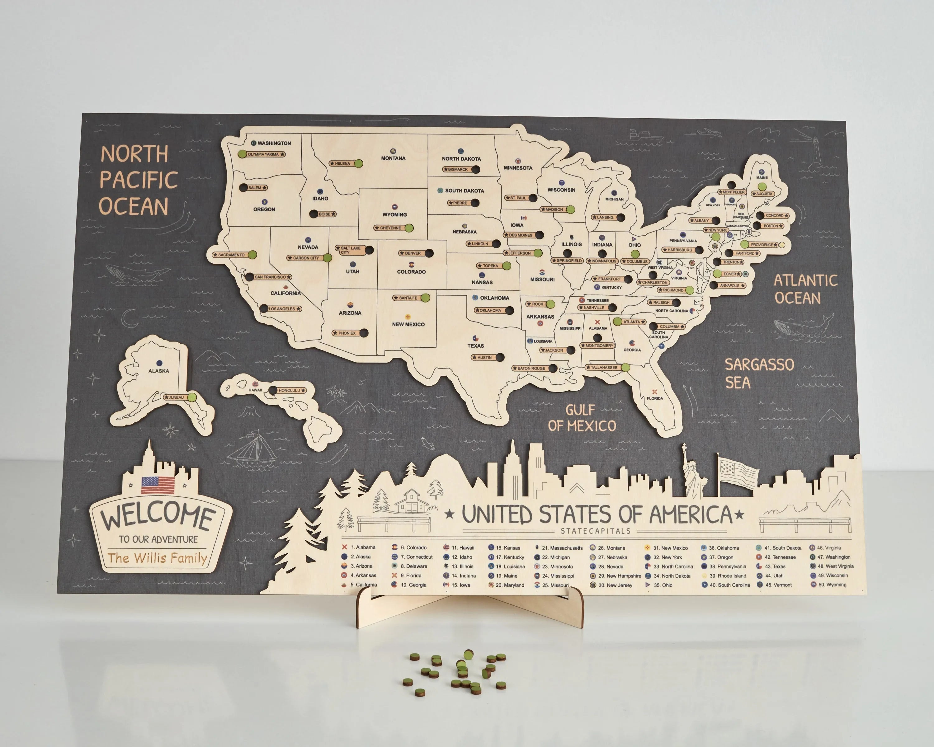 US 3D State Capitals Wooden Travel Map To Record Visits (New Dark)