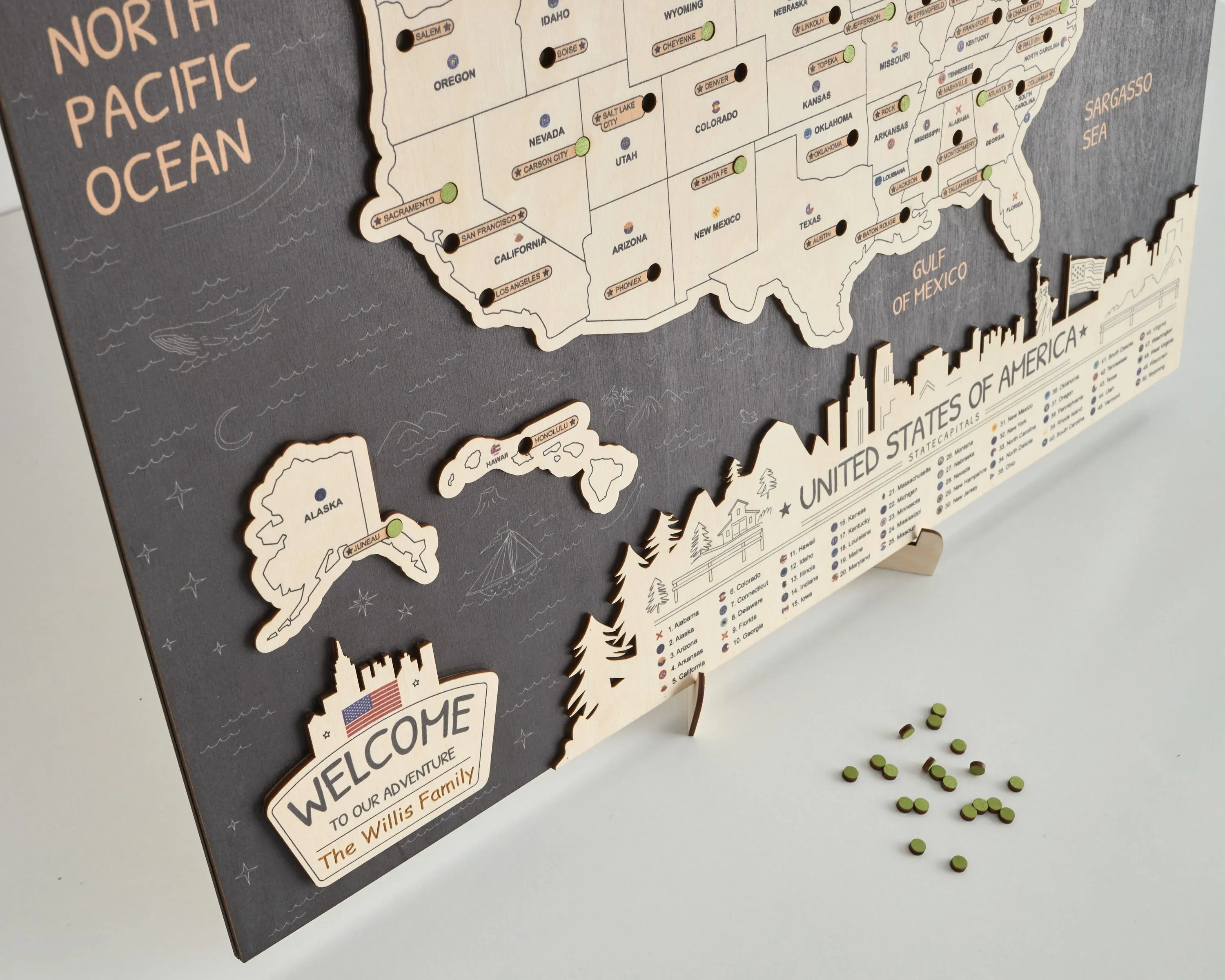 US 3D State Capitals Wooden Travel Map To Record Visits (New Dark)