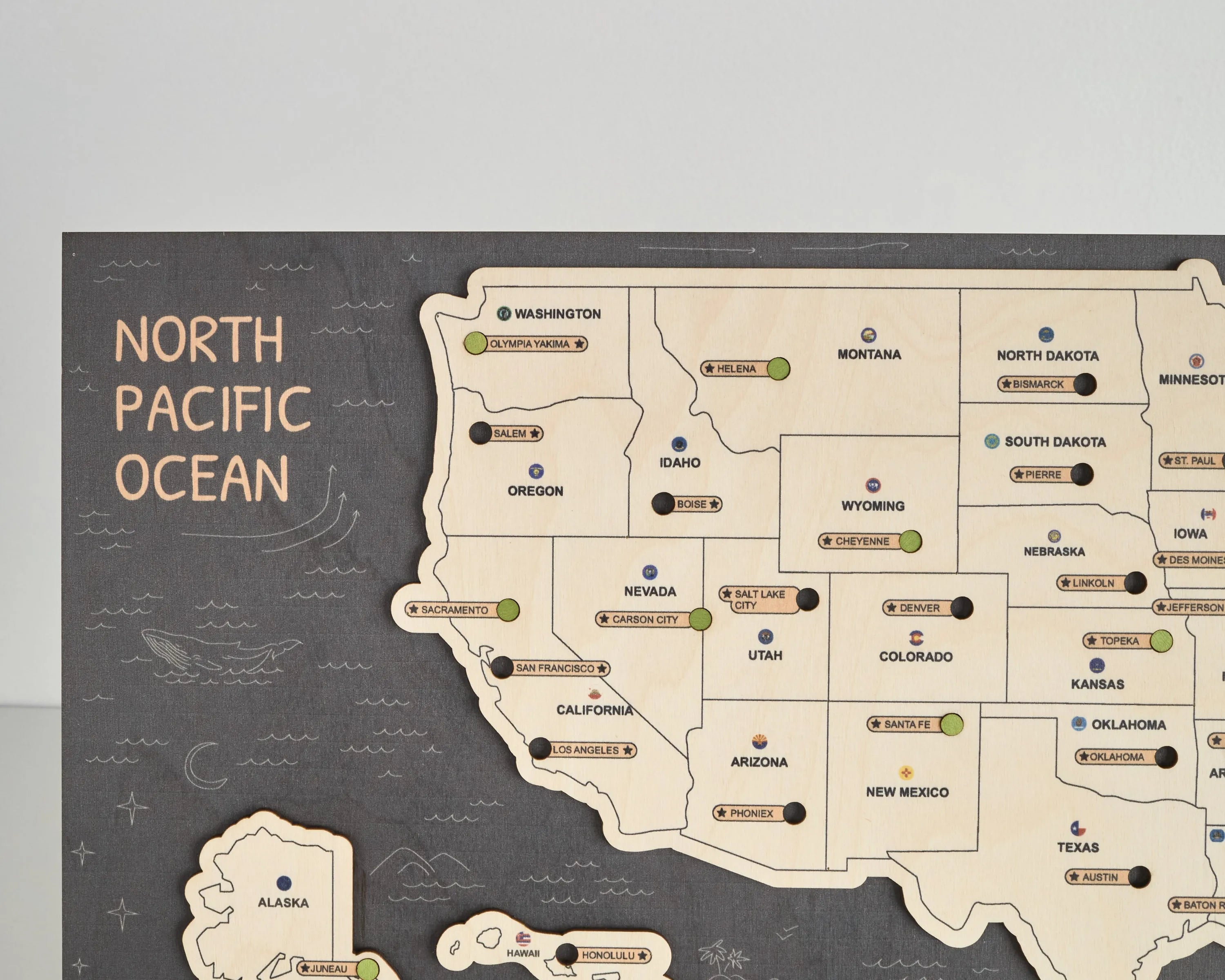 US 3D State Capitals Wooden Travel Map To Record Visits (New Dark)