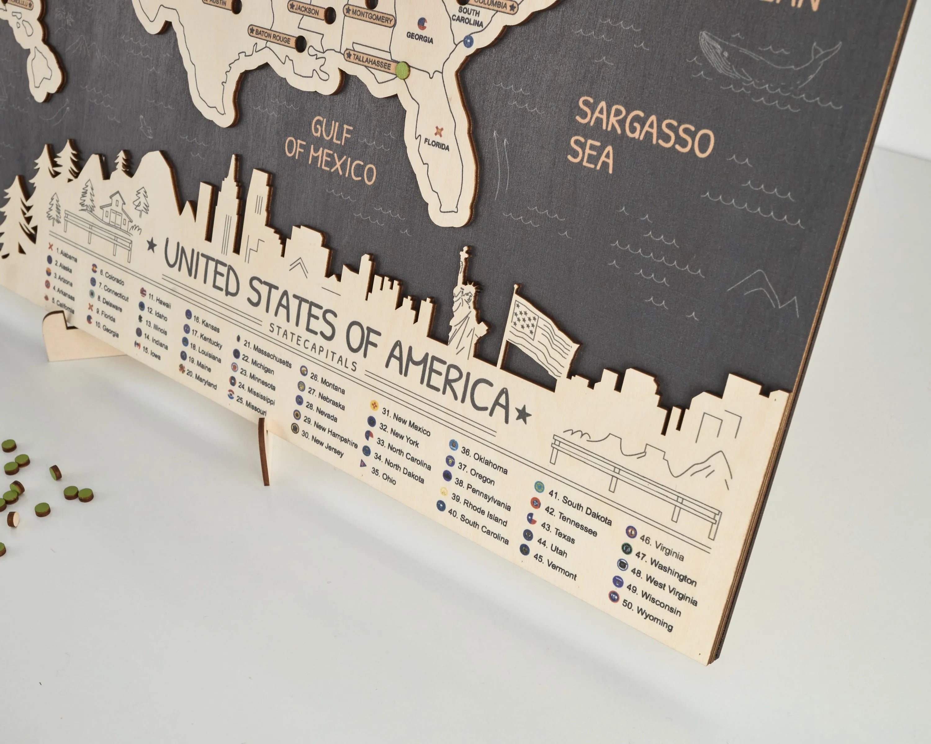 US 3D State Capitals Wooden Travel Map To Record Visits (New Dark)