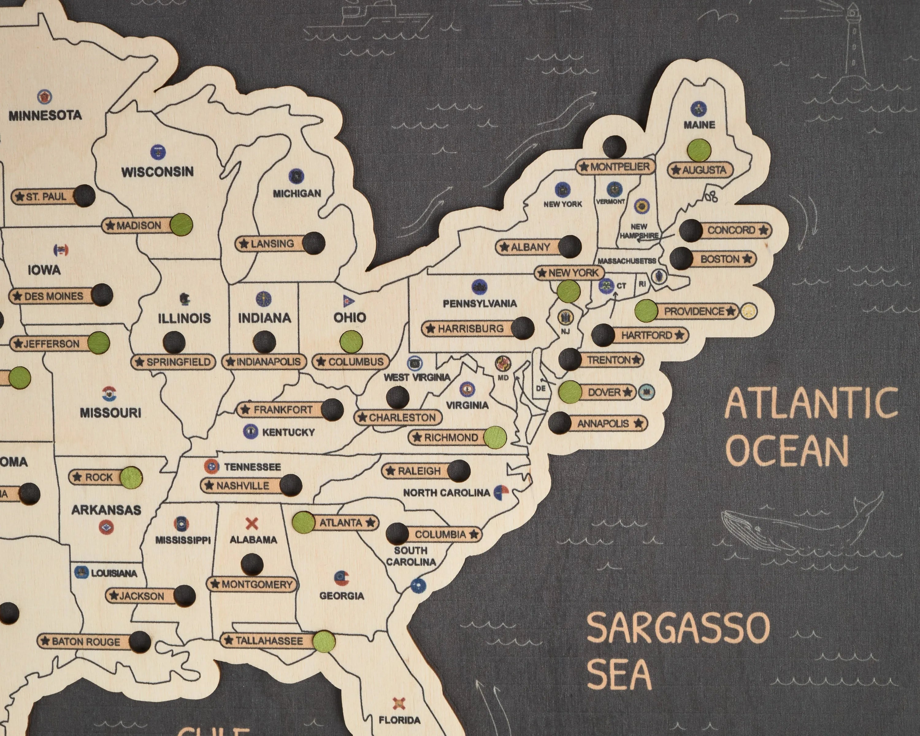 US 3D State Capitals Wooden Travel Map To Record Visits (New Dark)