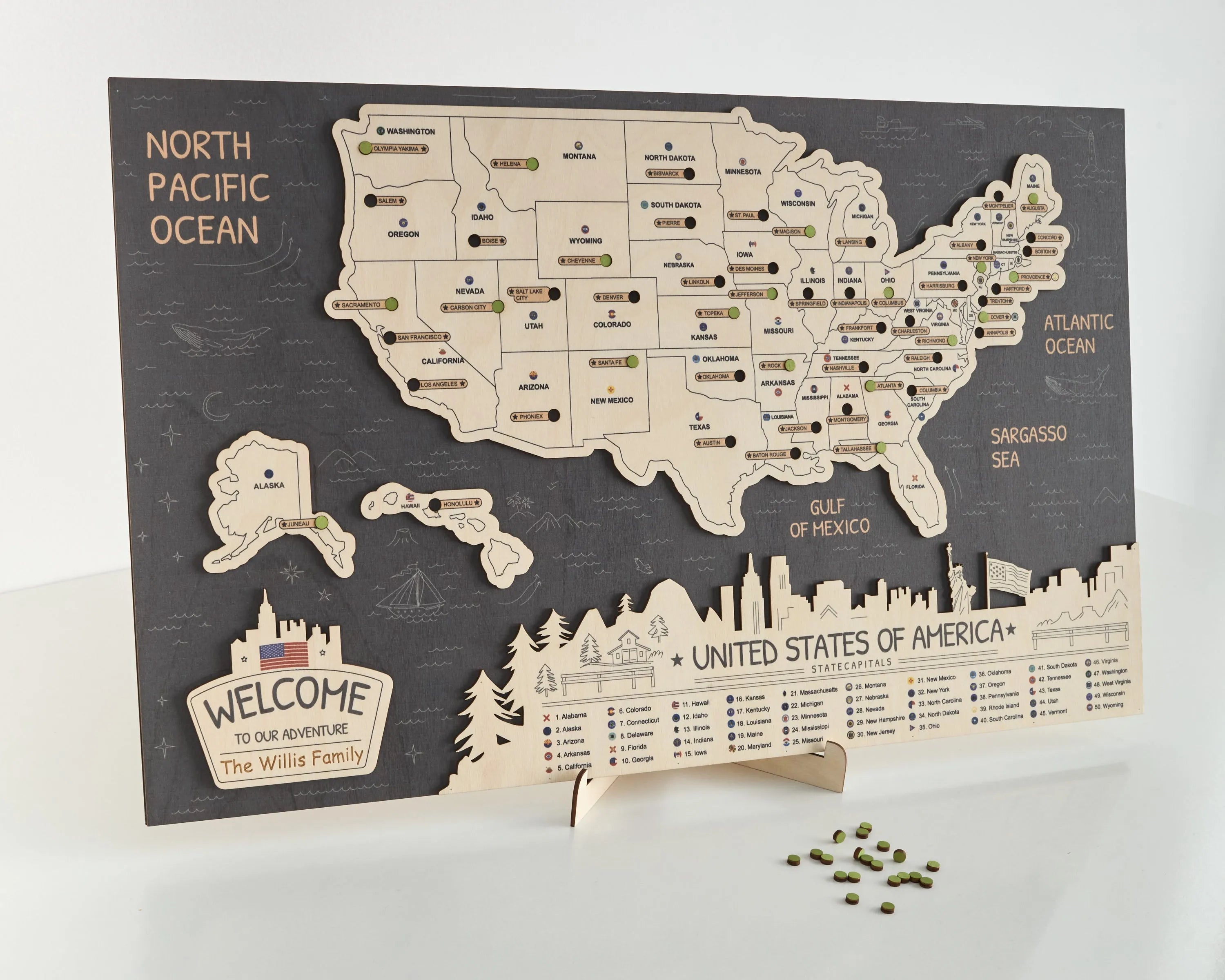 US 3D State Capitals Wooden Travel Map To Record Visits (New Dark