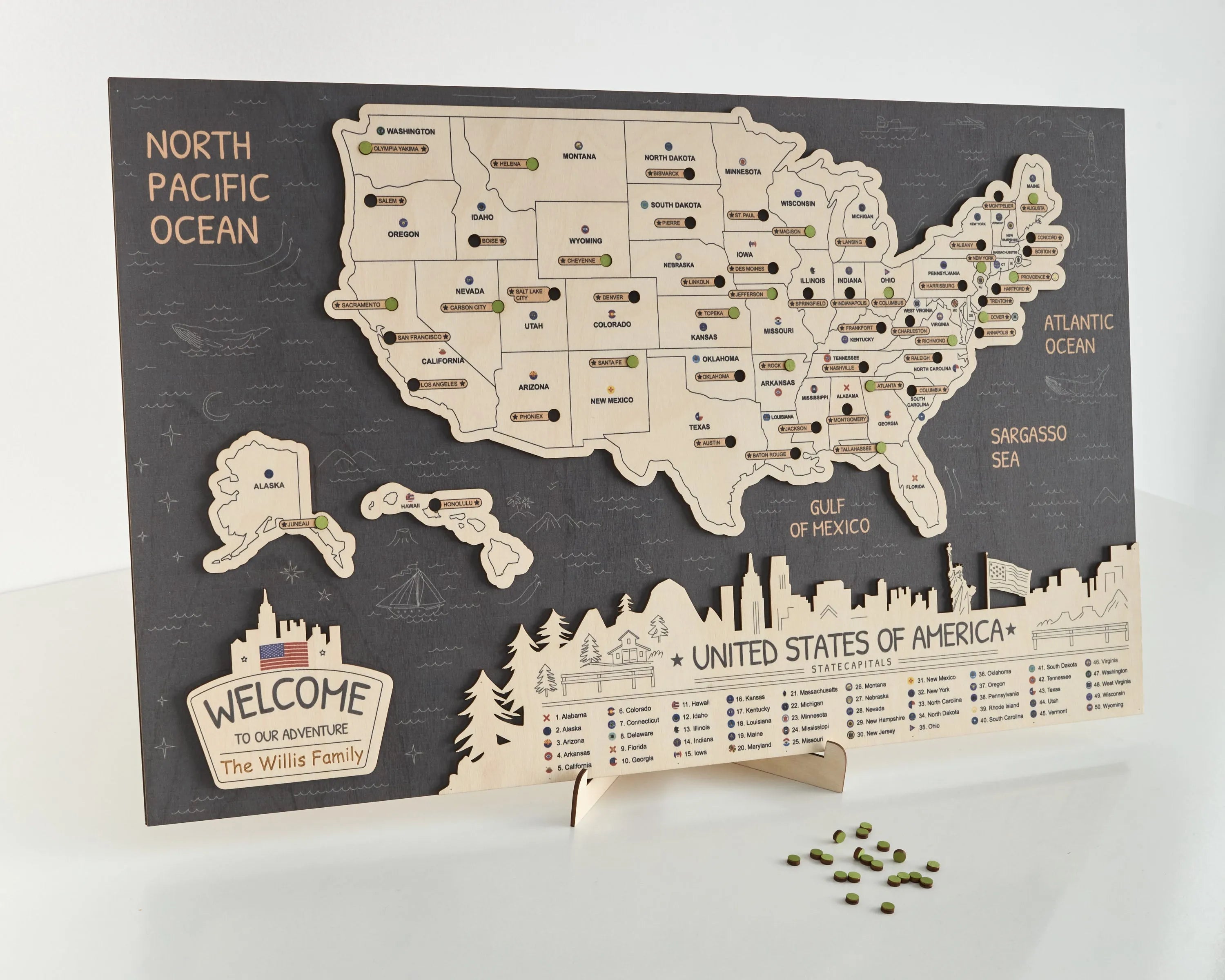 US 3D State Capitals Wooden Travel Map To Record Visits (New Dark)