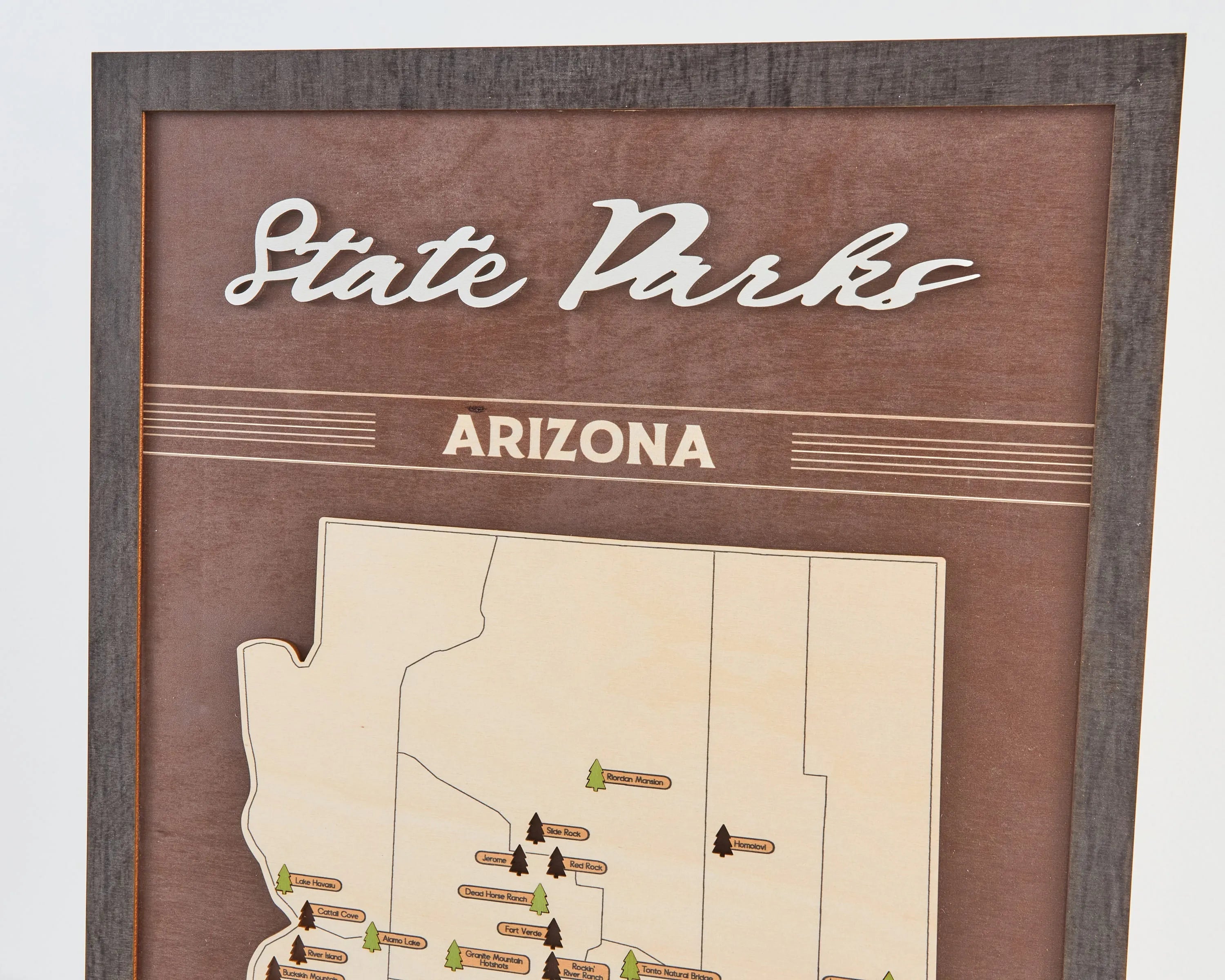 US Wooden Arizona State Parks Map With Trees To Record Park Visits (Coffee)