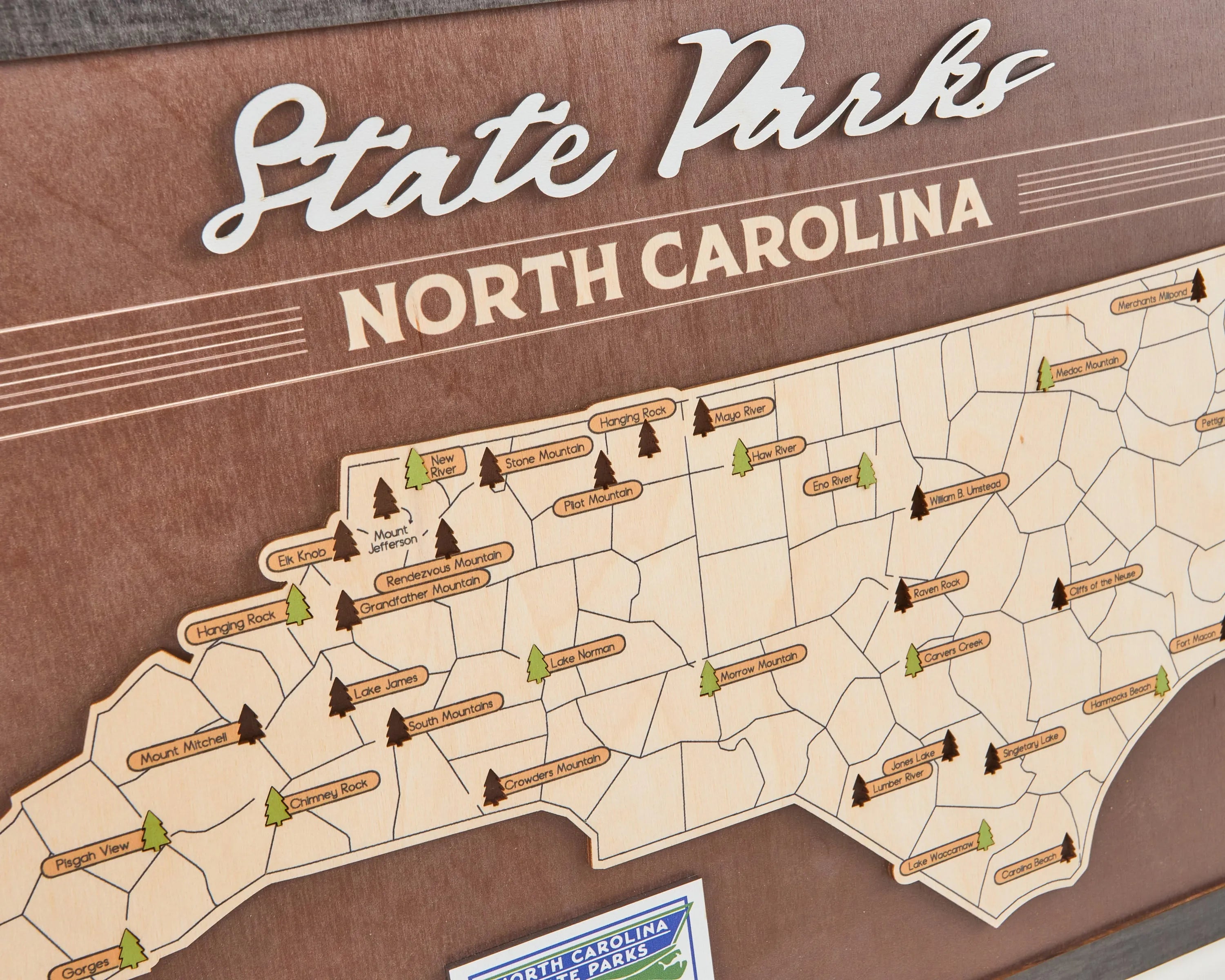 US Wooden North Carolina State Parks Map With Trees To Record Park Visits (Coffee)