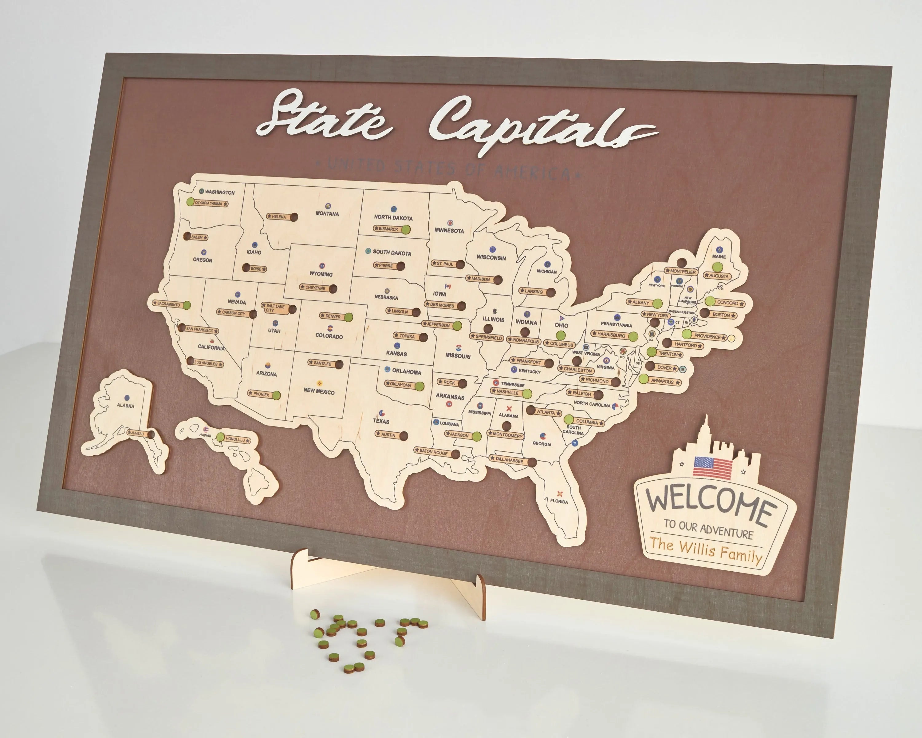 US Wooden State Capitals Travel Map To Record Visits (Coffee)