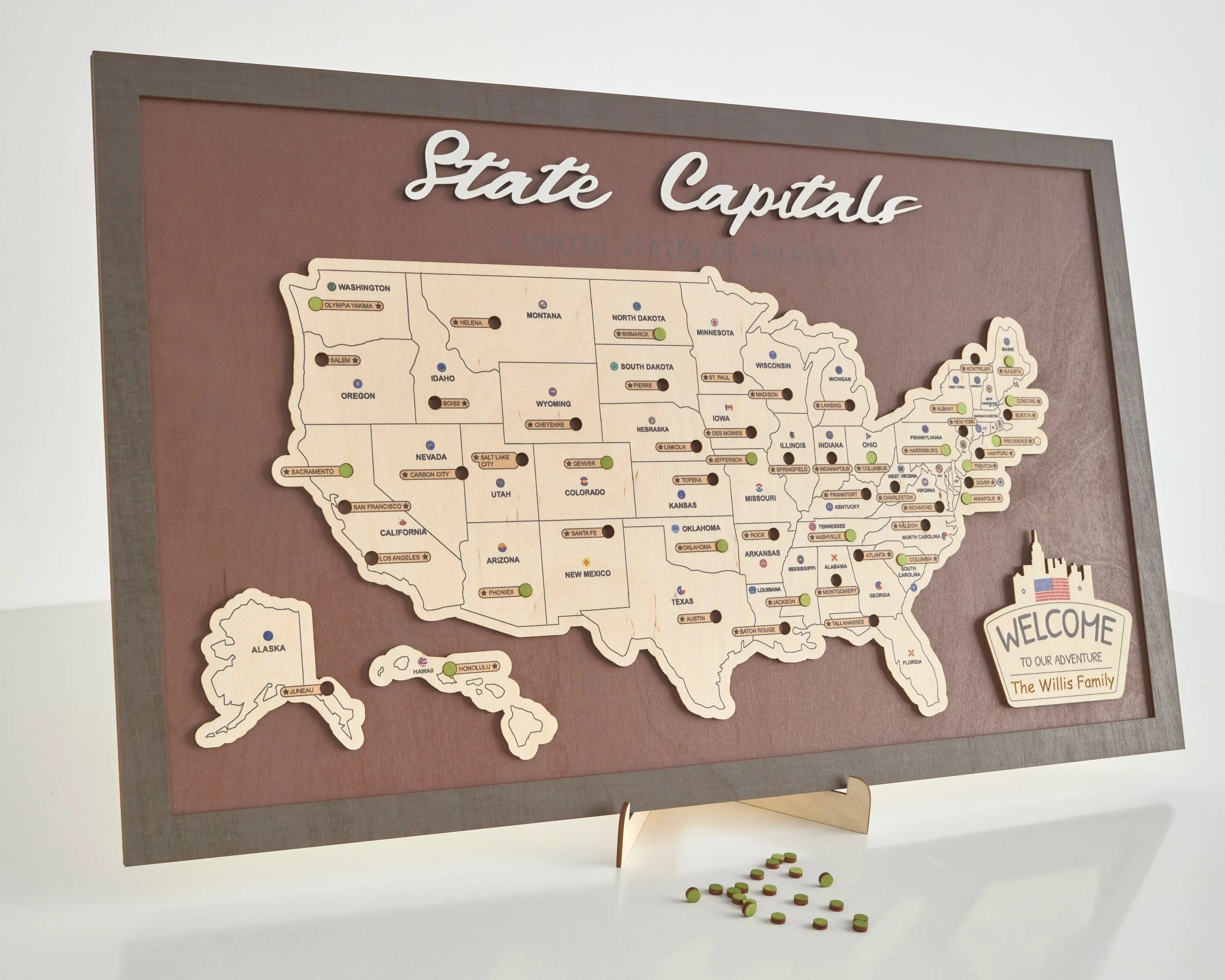 US Wooden State Capitals Travel Map To Record Visits (Coffee)