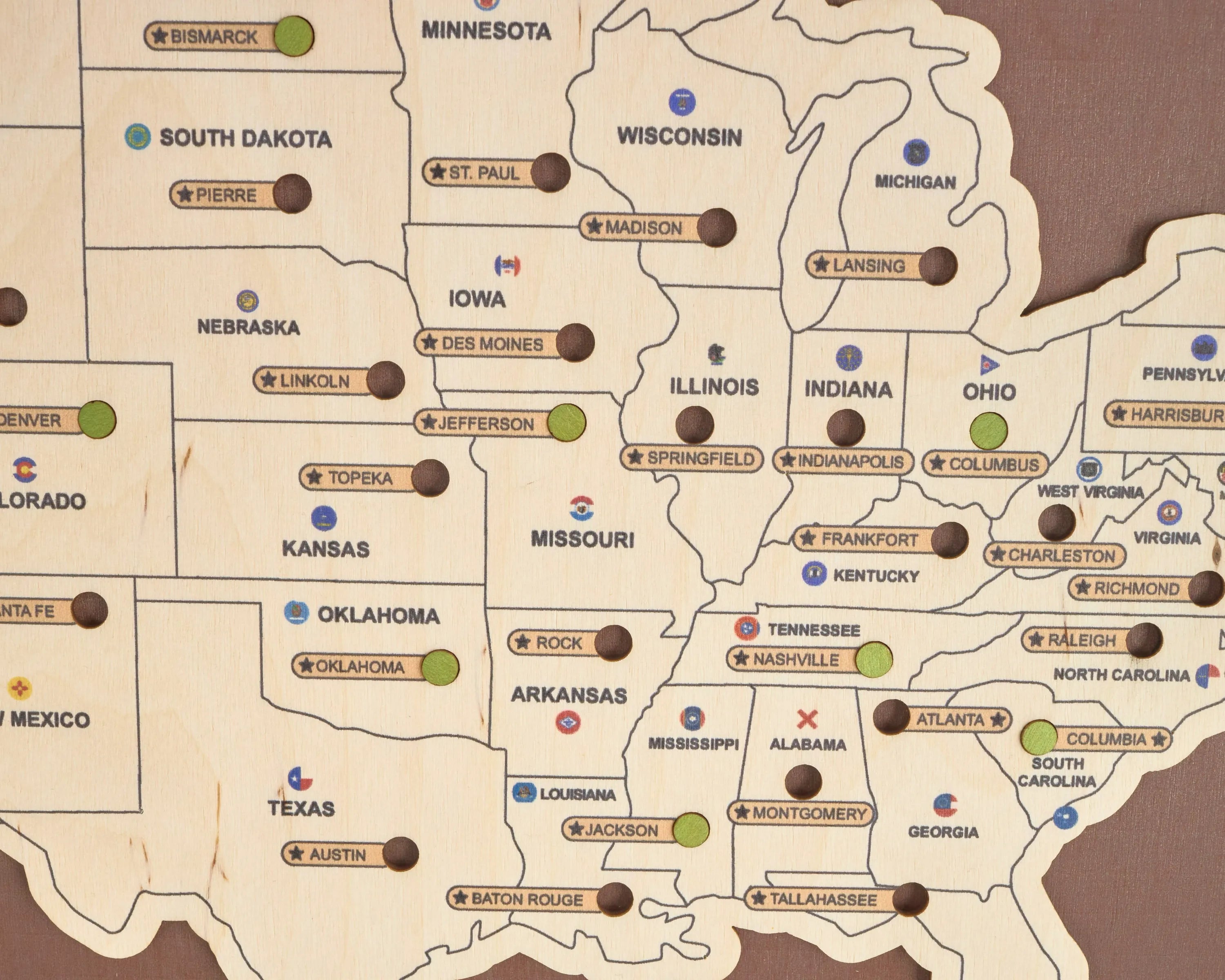 US Wooden State Capitals Travel Map To Record Visits (Coffee)