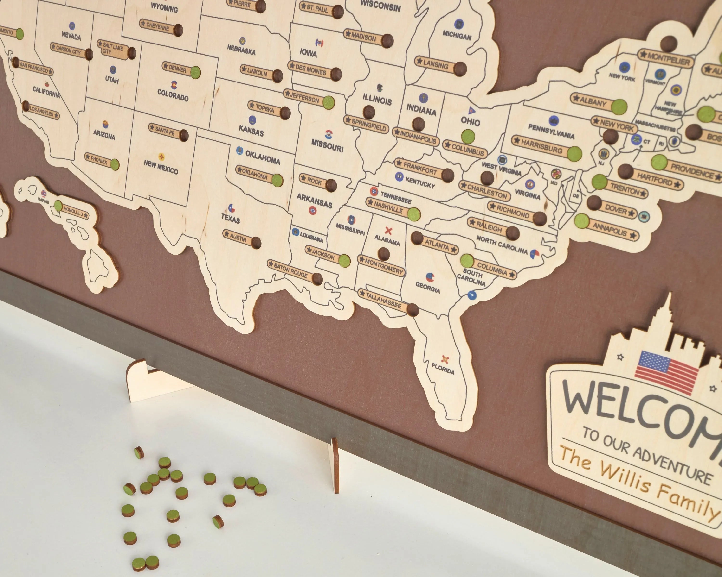 US Wooden State Capitals Travel Map To Record Visits (Coffee)