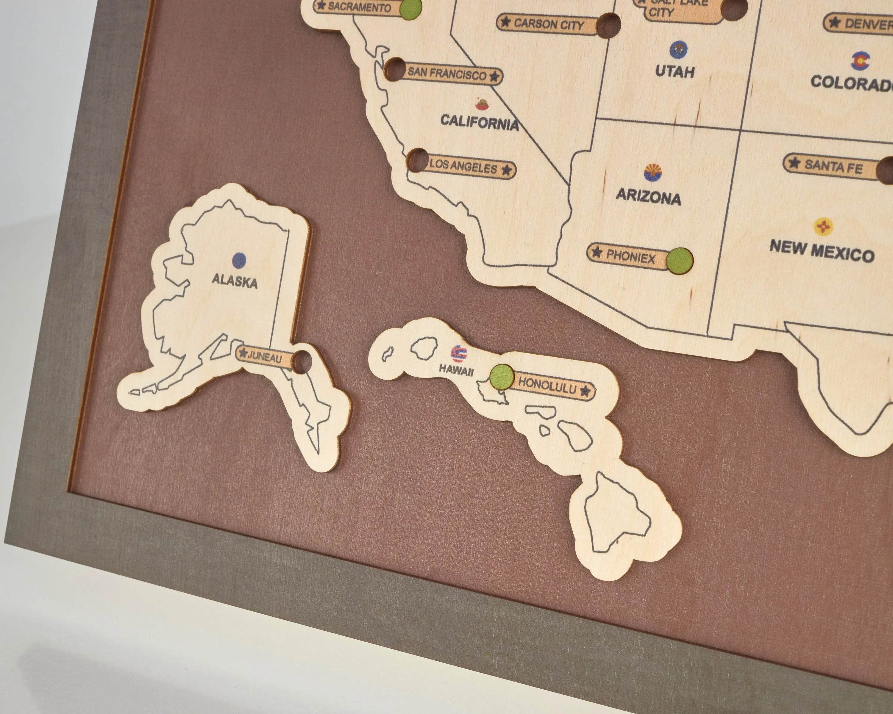 US Wooden State Capitals Travel Map To Record Visits (Coffee)