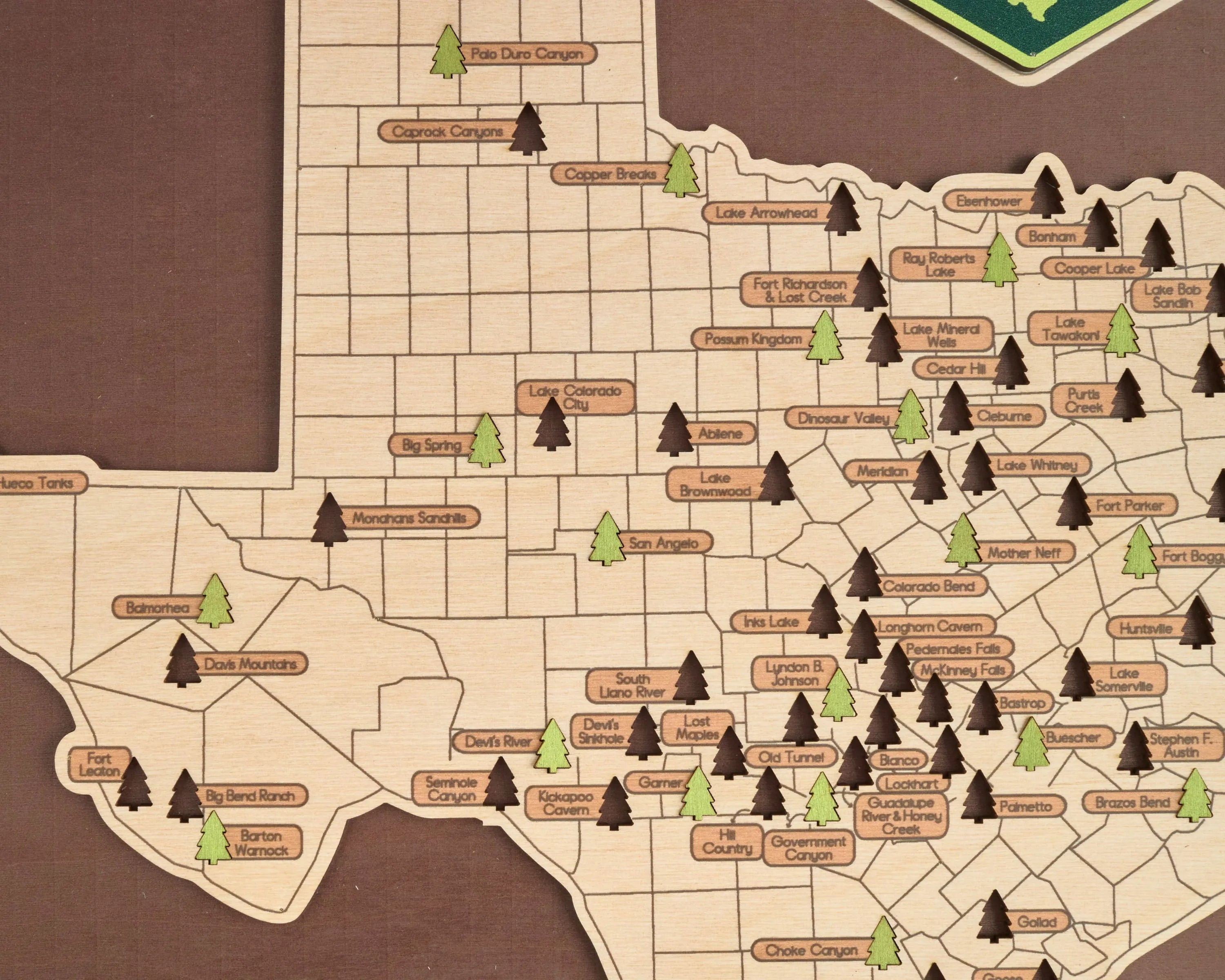 US Wooden Texas State Parks Map With Trees To Record Park Visits (Coffee)