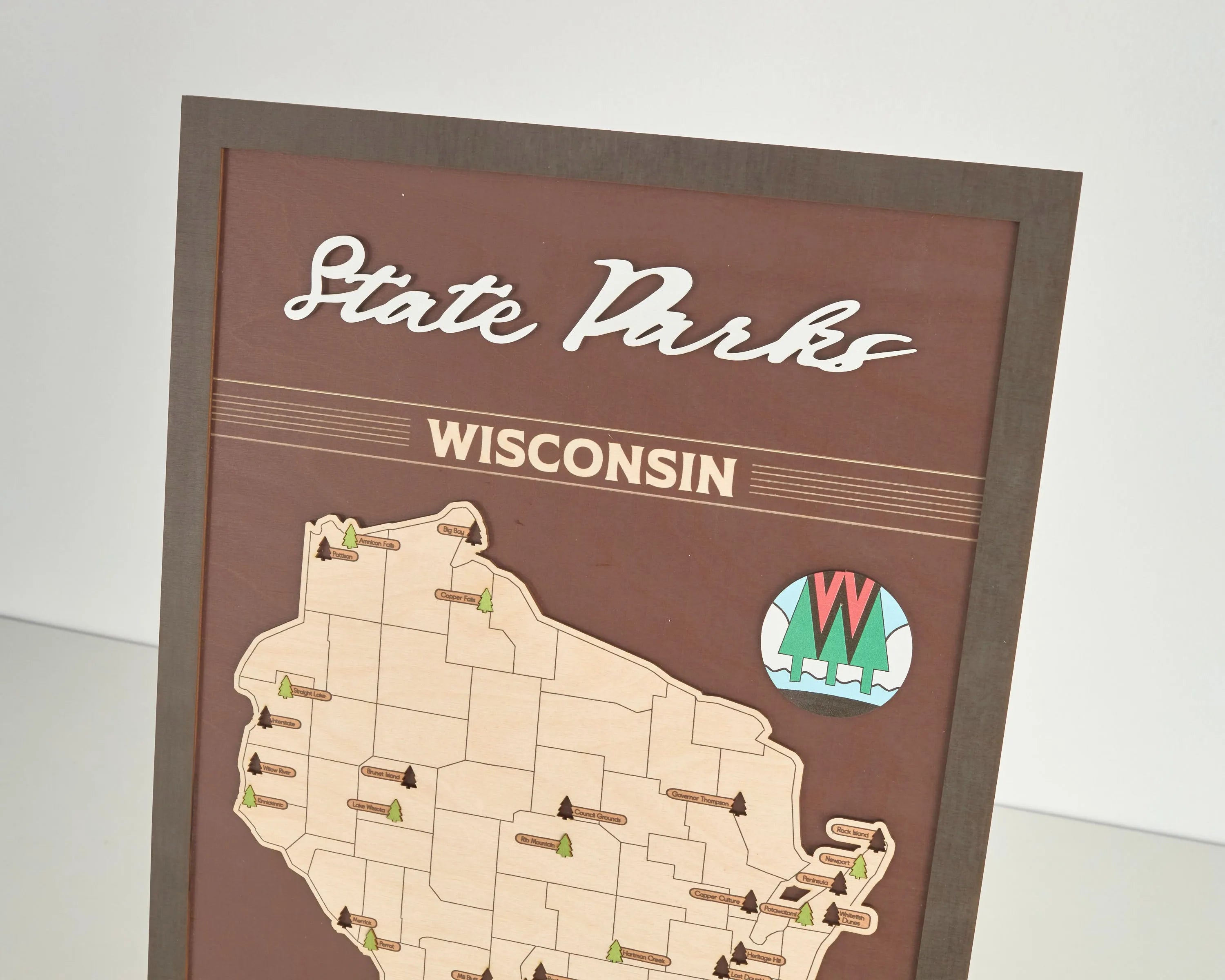 US Wooden Wisconsin State Parks Travel Map With Trees To Record Park Visits (Coffee)