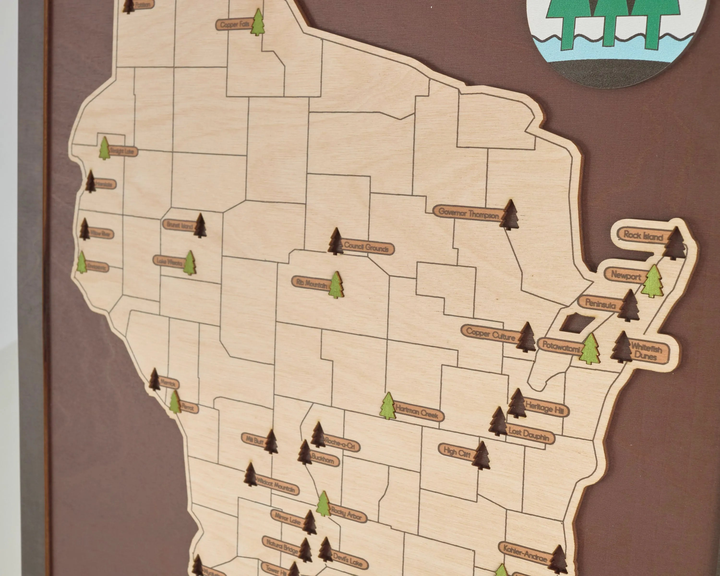 US Wooden Wisconsin State Parks Travel Map With Trees To Record Park Visits (Coffee)