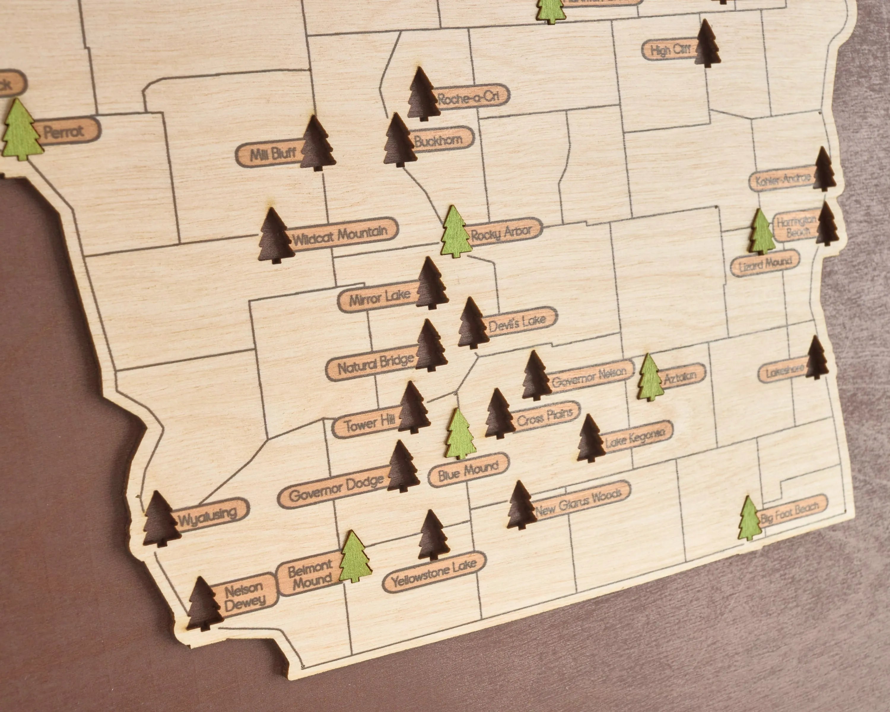 US Wooden Wisconsin State Parks Travel Map With Trees To Record Park Visits (Coffee)