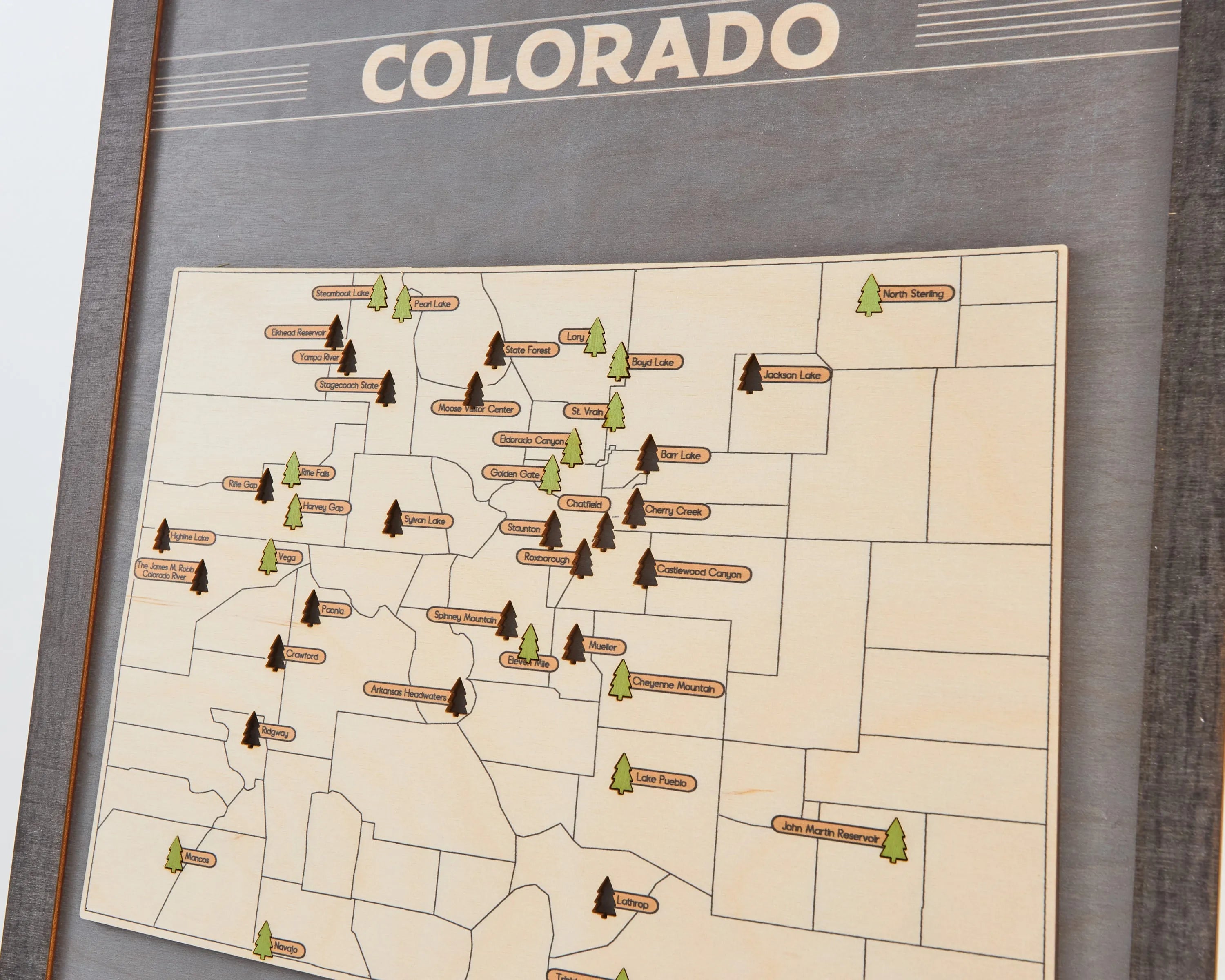 US Wooden Colorado State Parks Map With Trees To Record Park Visits (Light Grey)