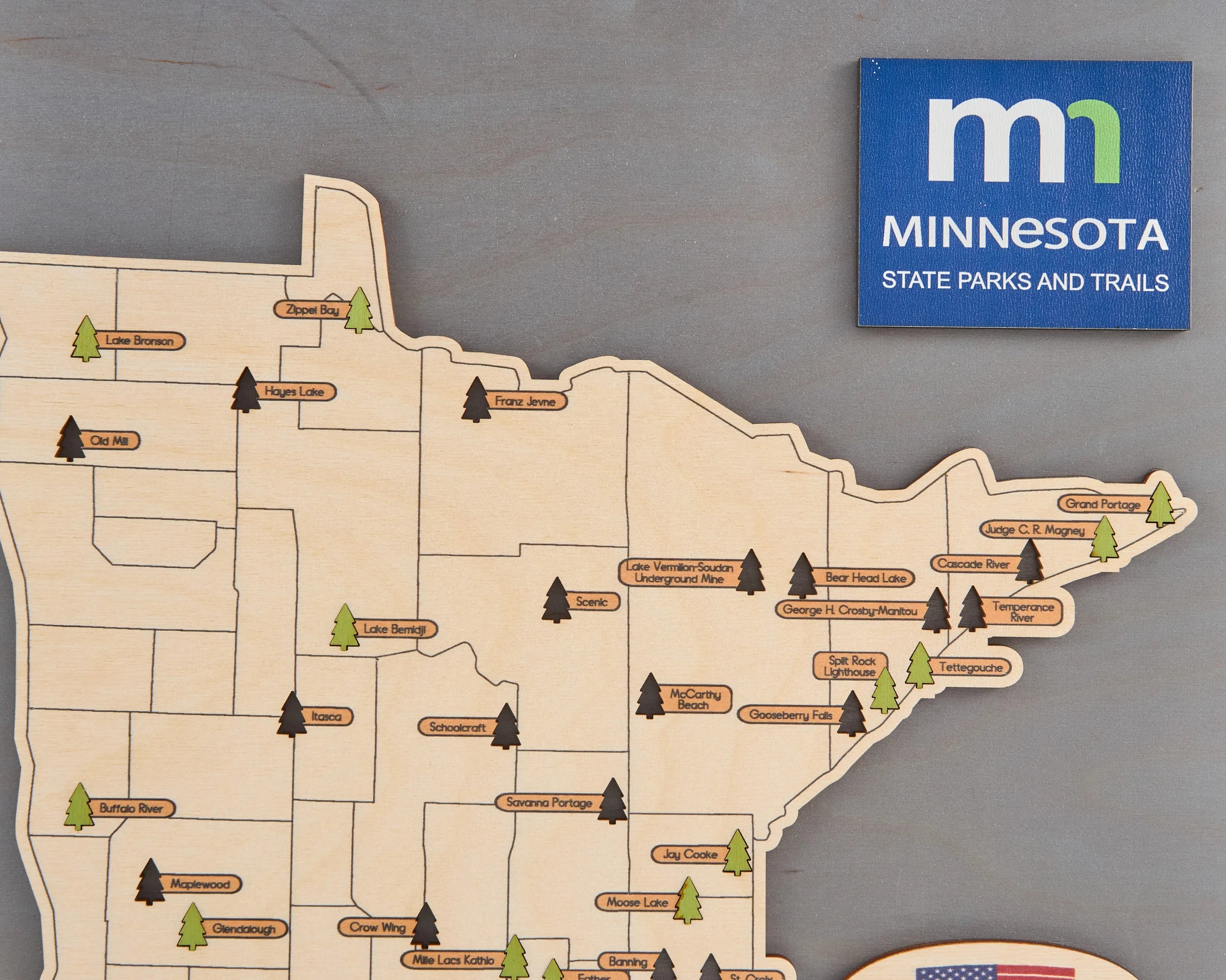 US Wooden Minnesota State Parks Map With Trees To Record Park Visits (Light Grey)