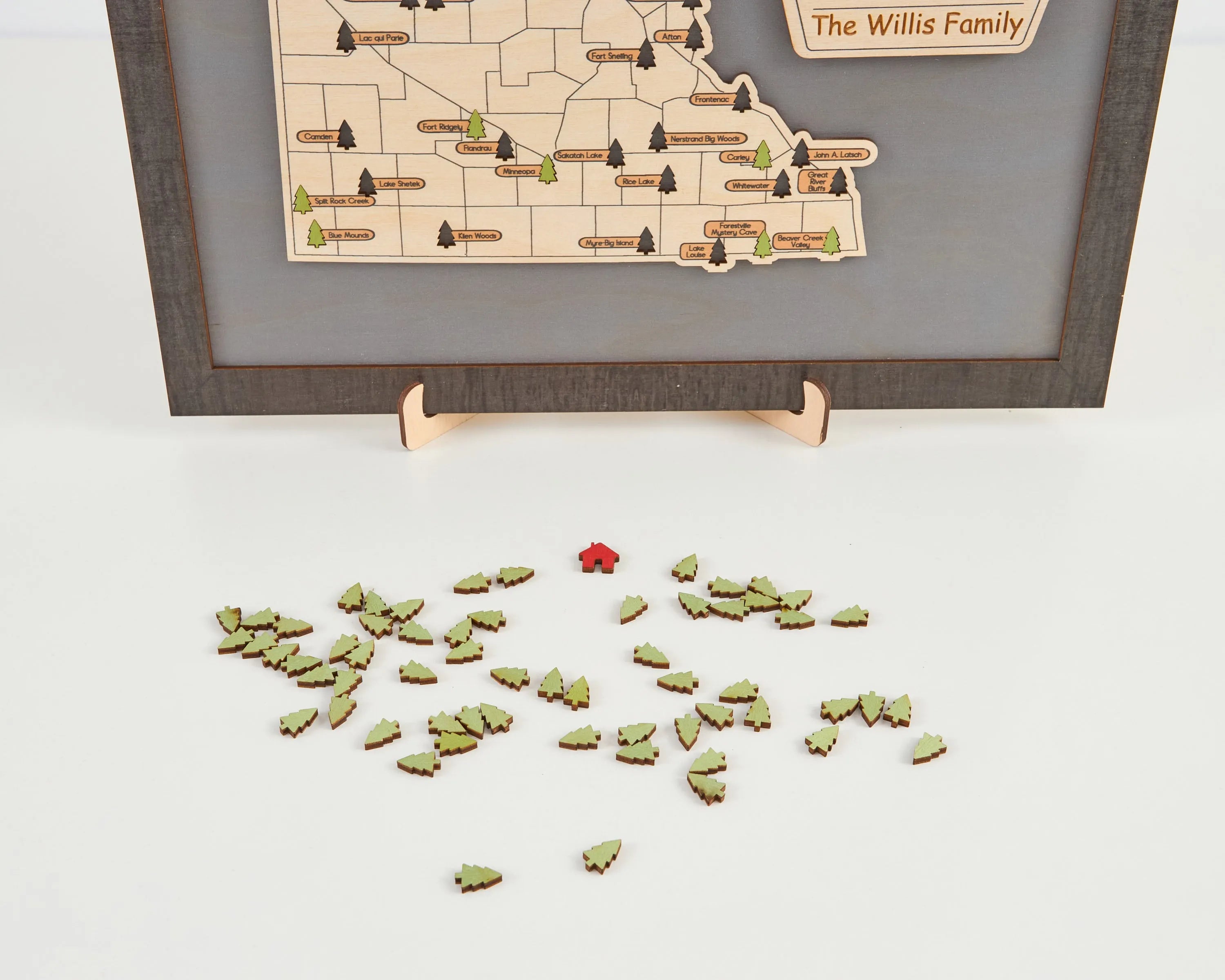 US Wooden Minnesota State Parks Map With Trees To Record Park Visits (Light Grey)